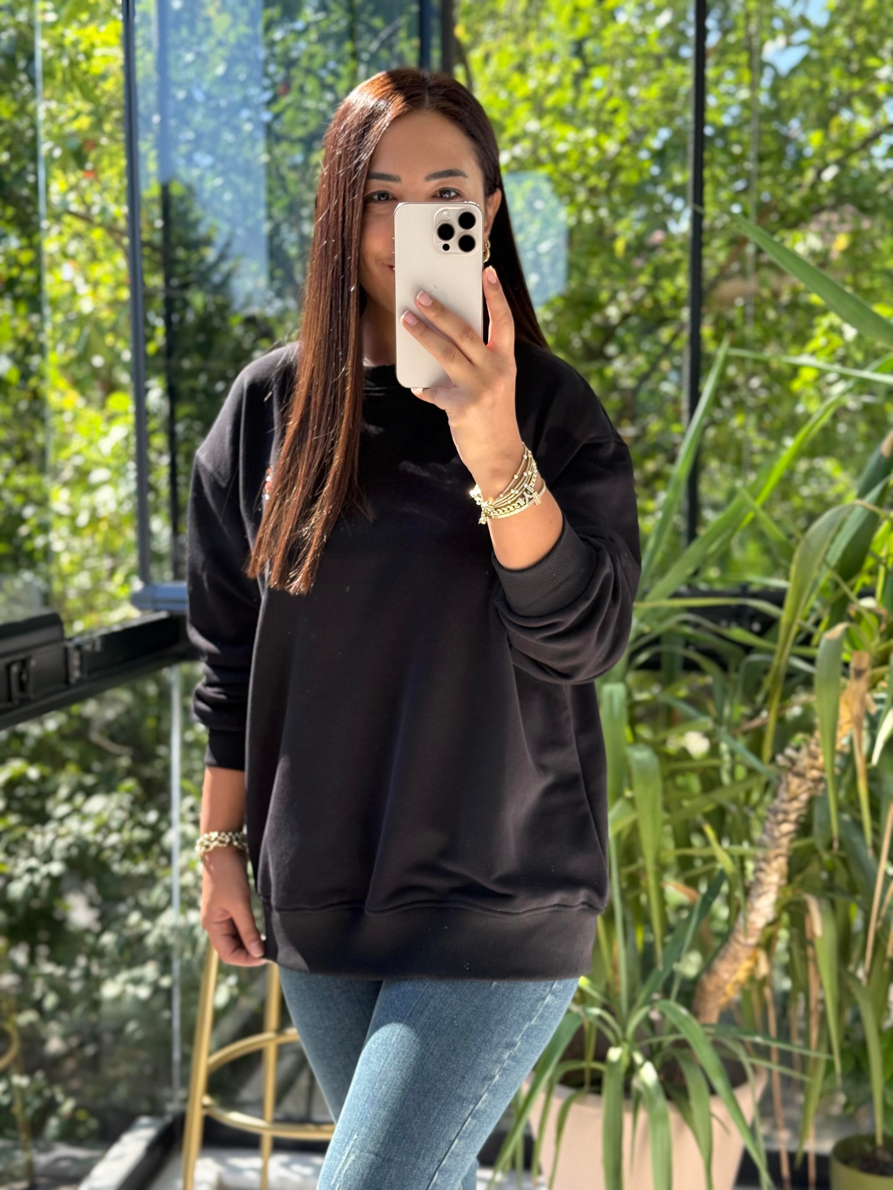 Ayıcık Nakışlı Basic Sweatshirt Siyah