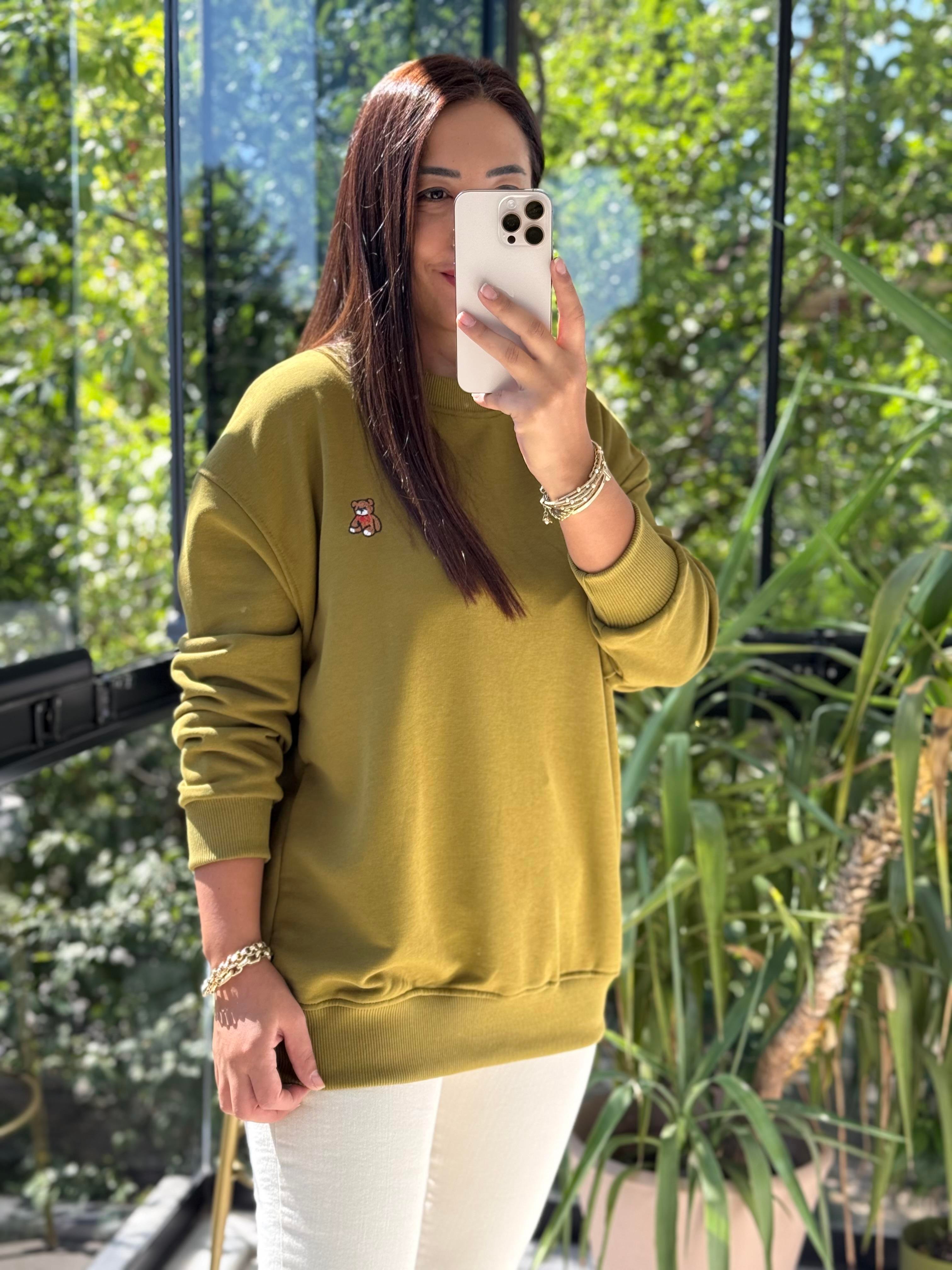 Ayıcık Nakışlı Basic Sweatshirt Yağ Yeşili