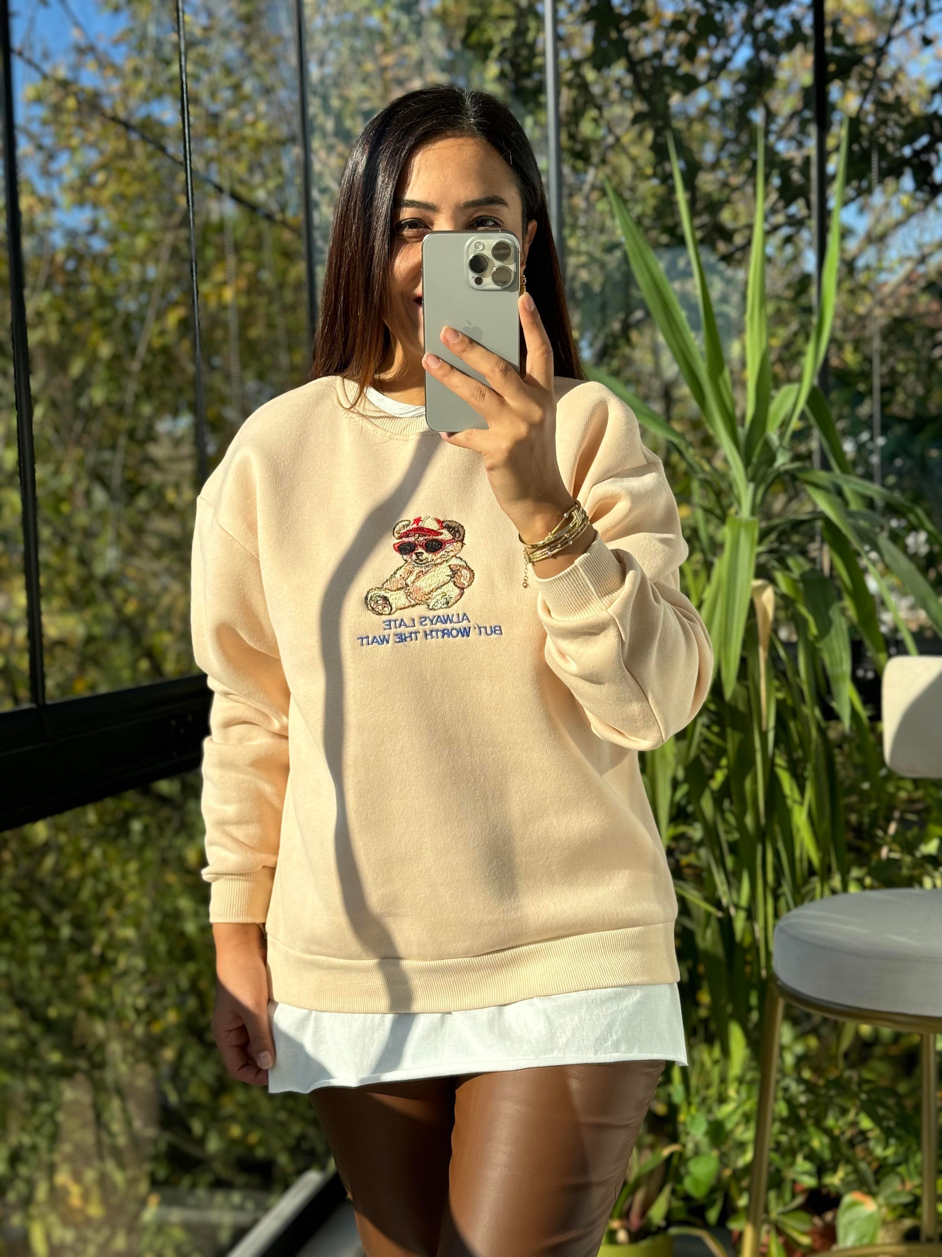 Ayıcıklı Sweatshirt Bej