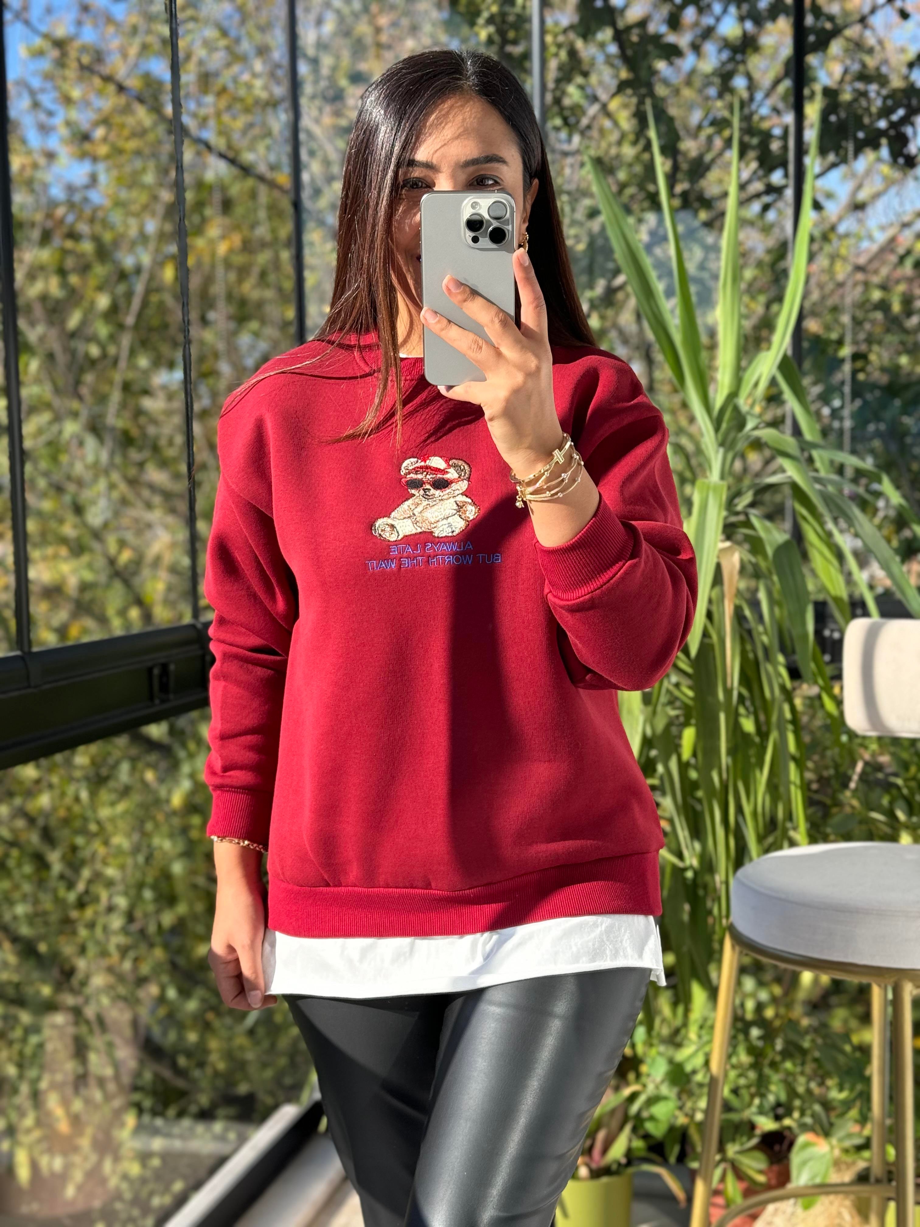 Ayıcıklı Sweatshirt Kırmızı