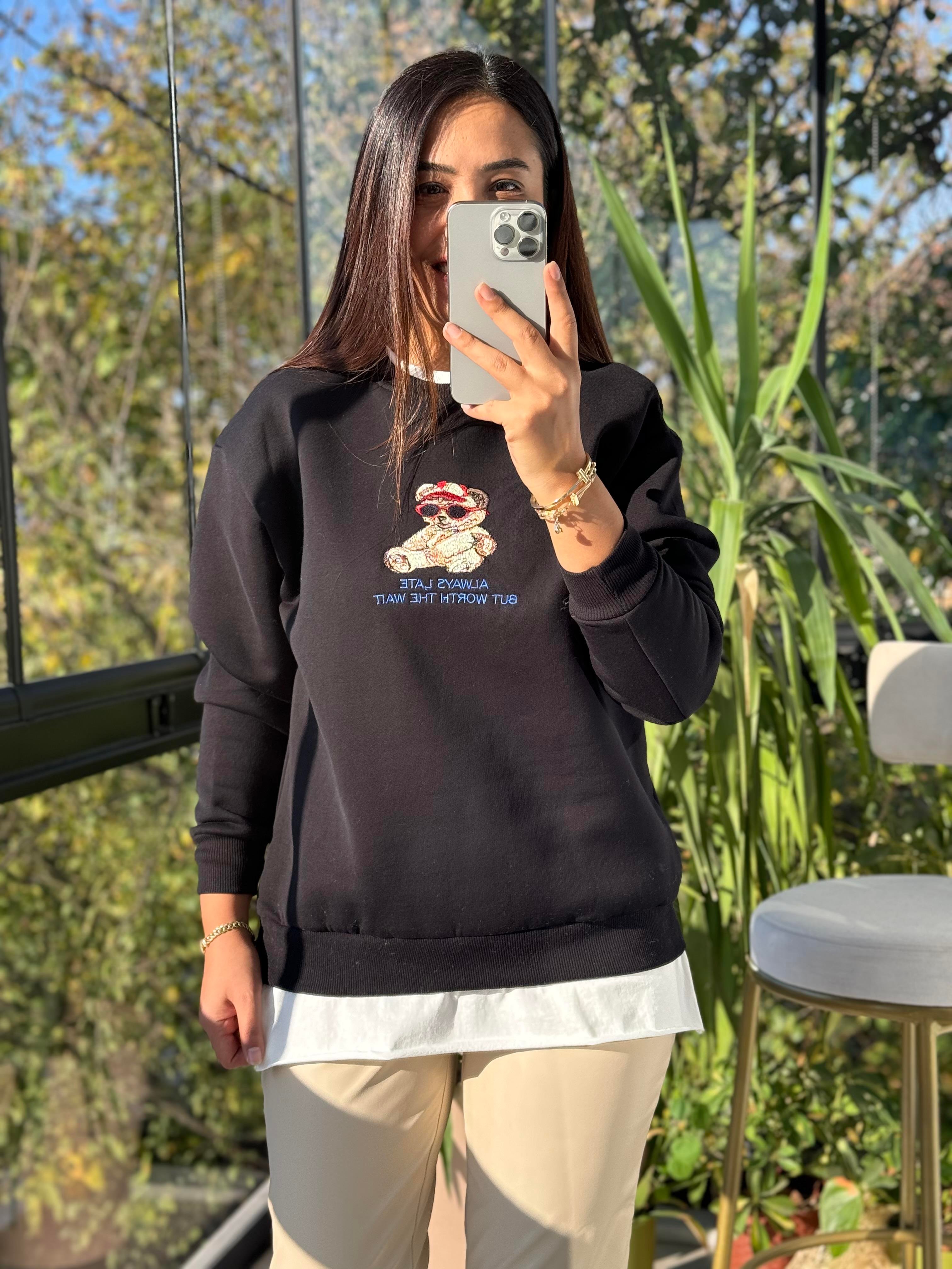 Ayıcıklı Sweatshirt Siyah
