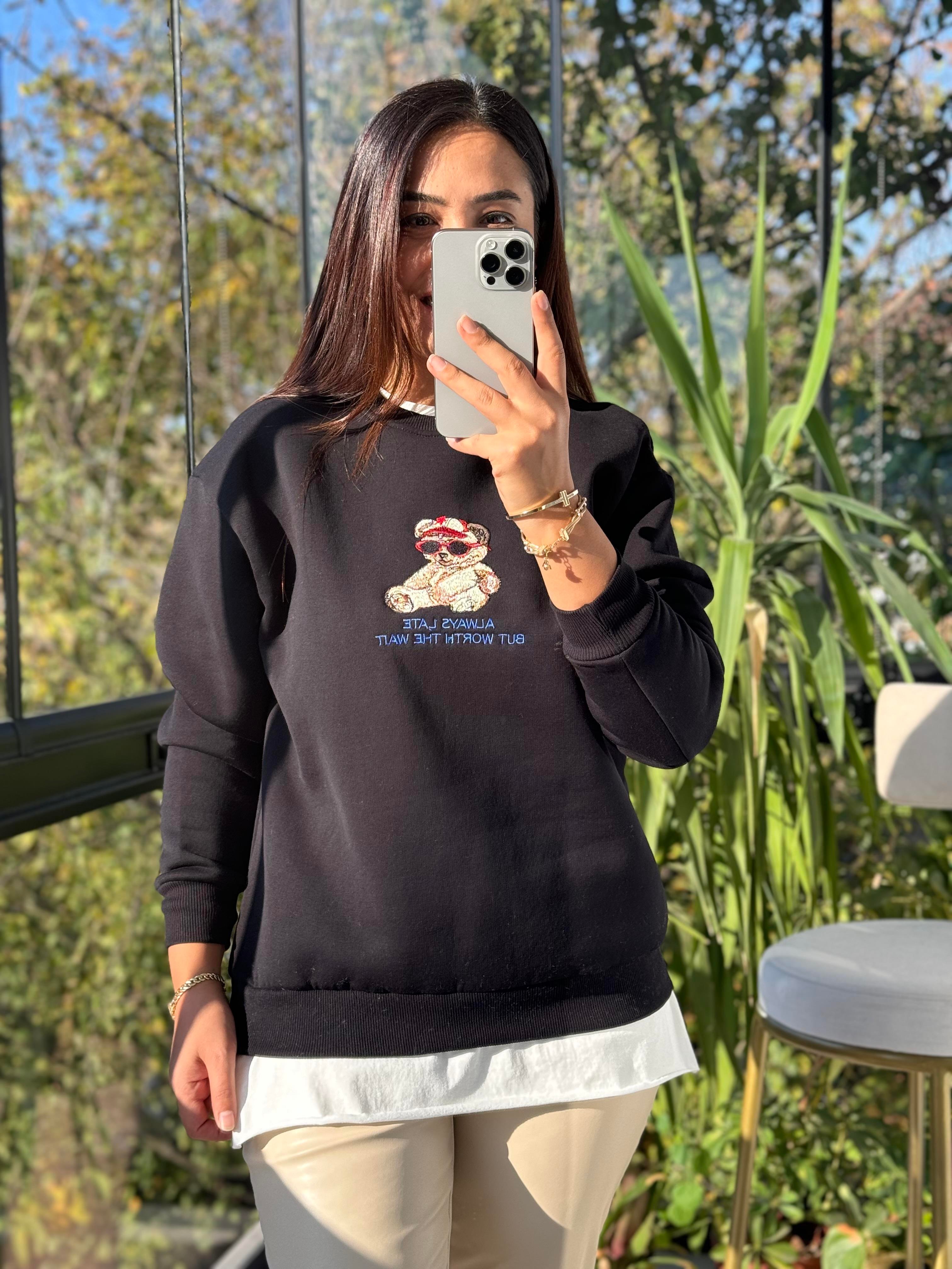 Ayıcıklı Sweatshirt Siyah