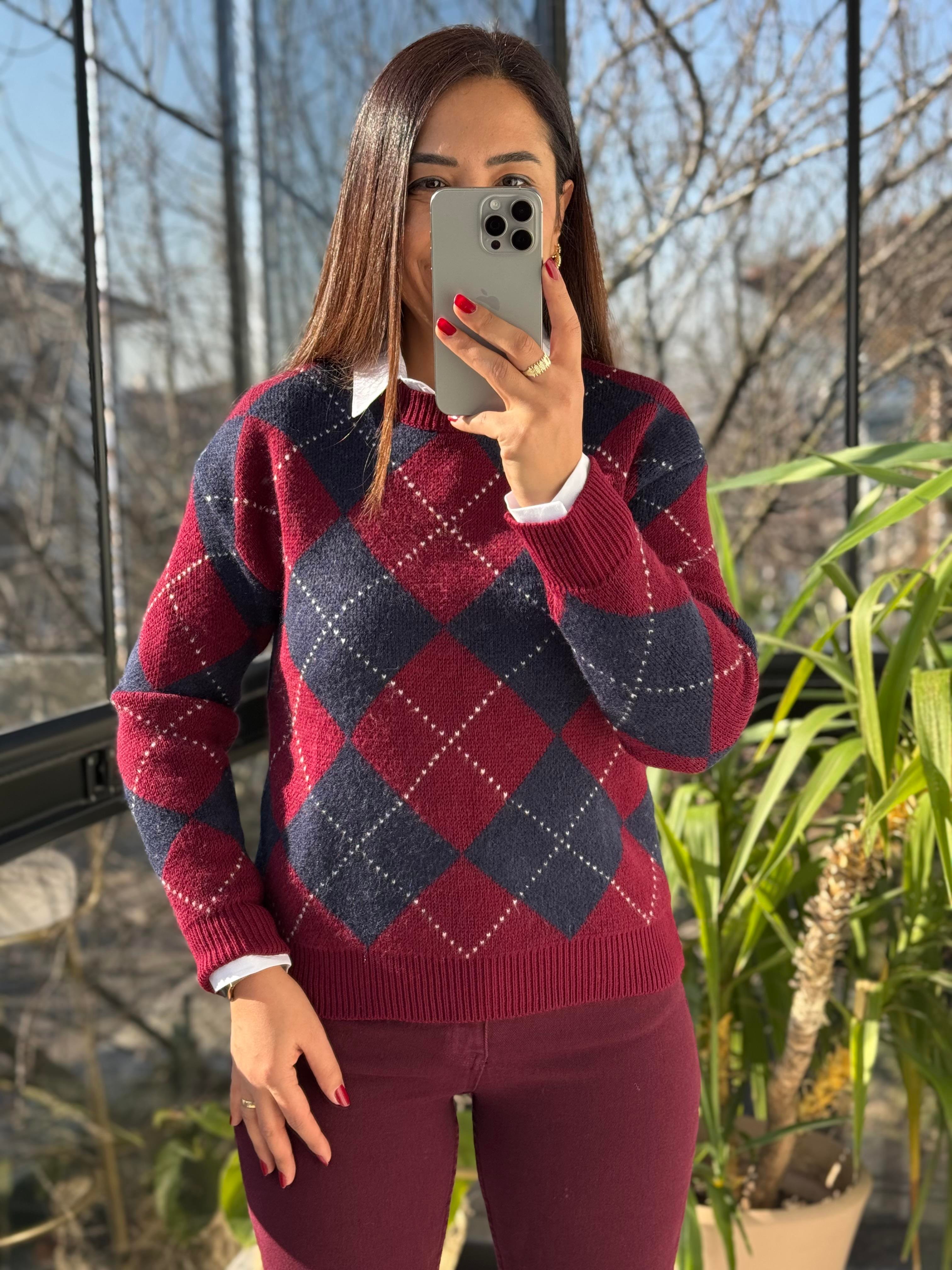 Baklava Desen Kazak Kısa Bordo