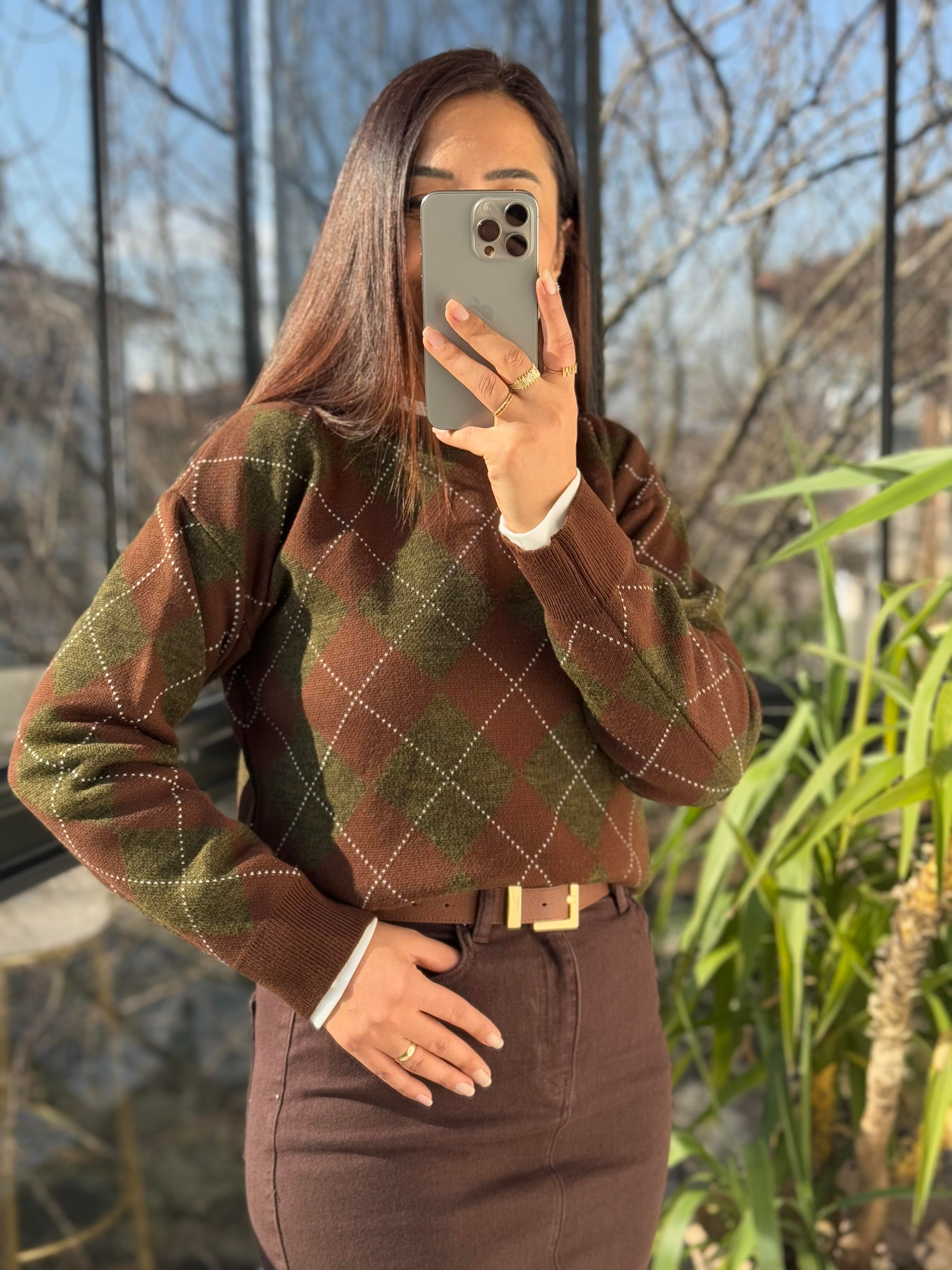 Baklava Desen Kazak Kısa Yeşil