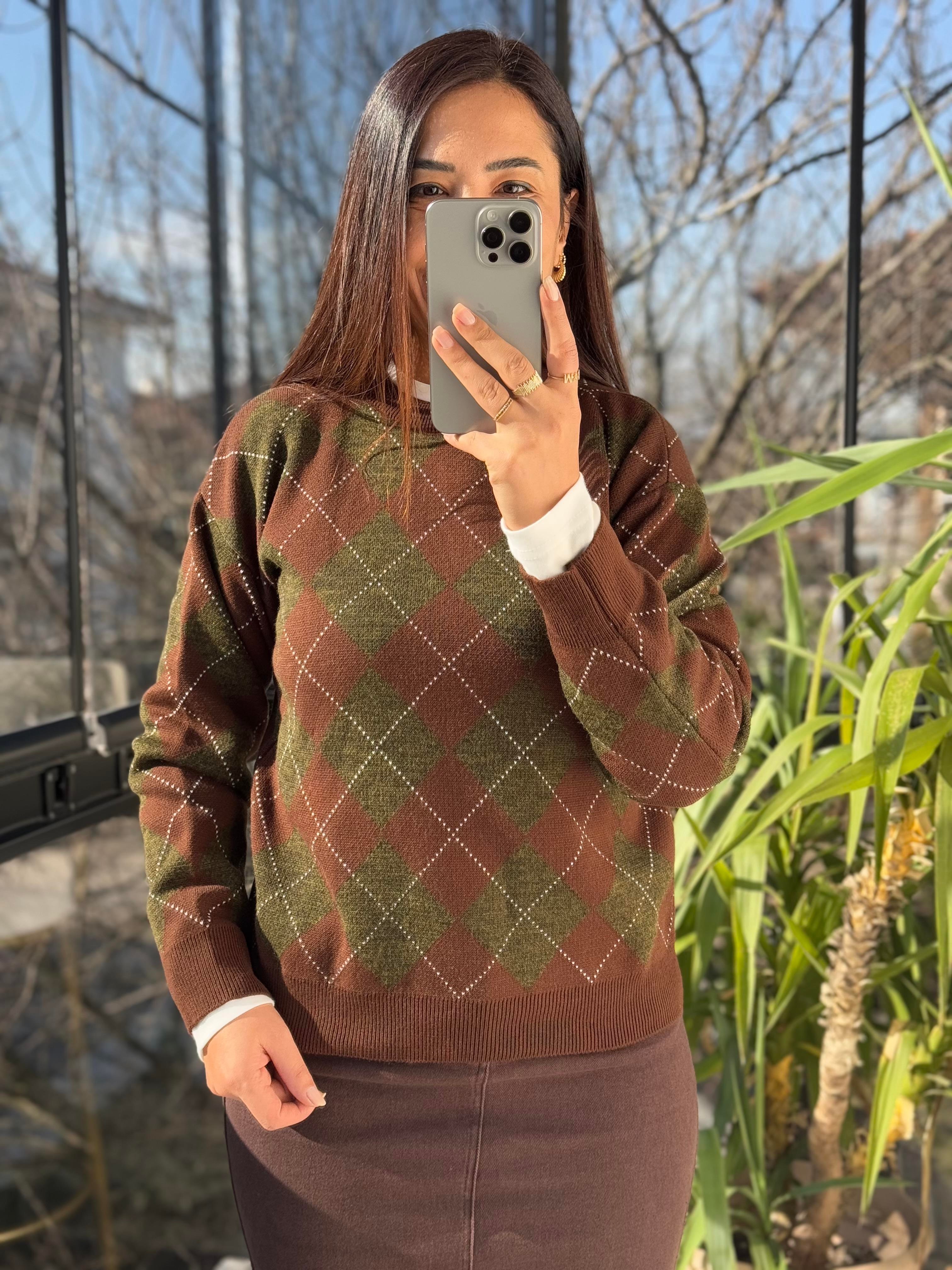 Baklava Desen Kazak Kısa Yeşil