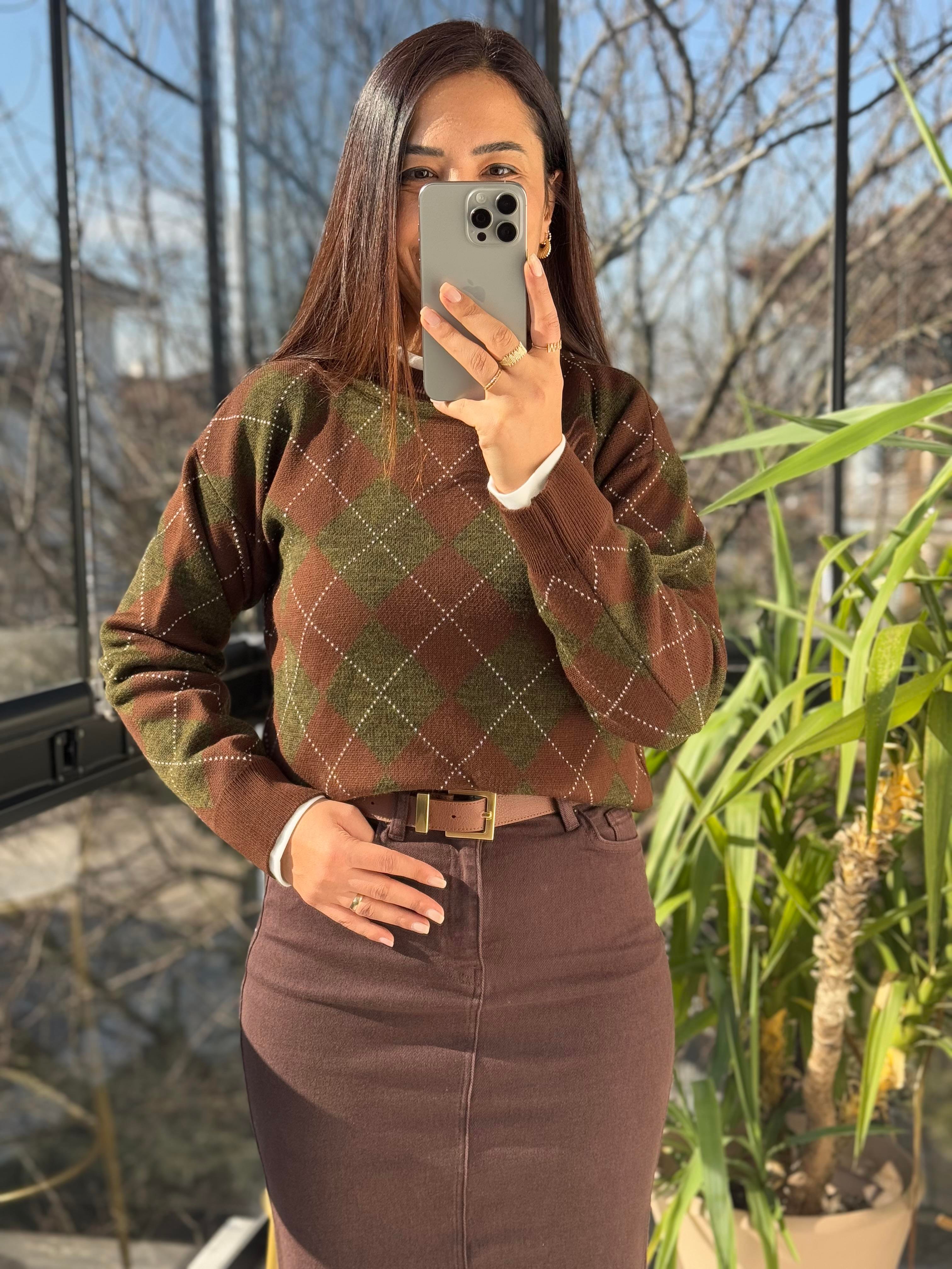 Baklava Desen Kazak Kısa Yeşil