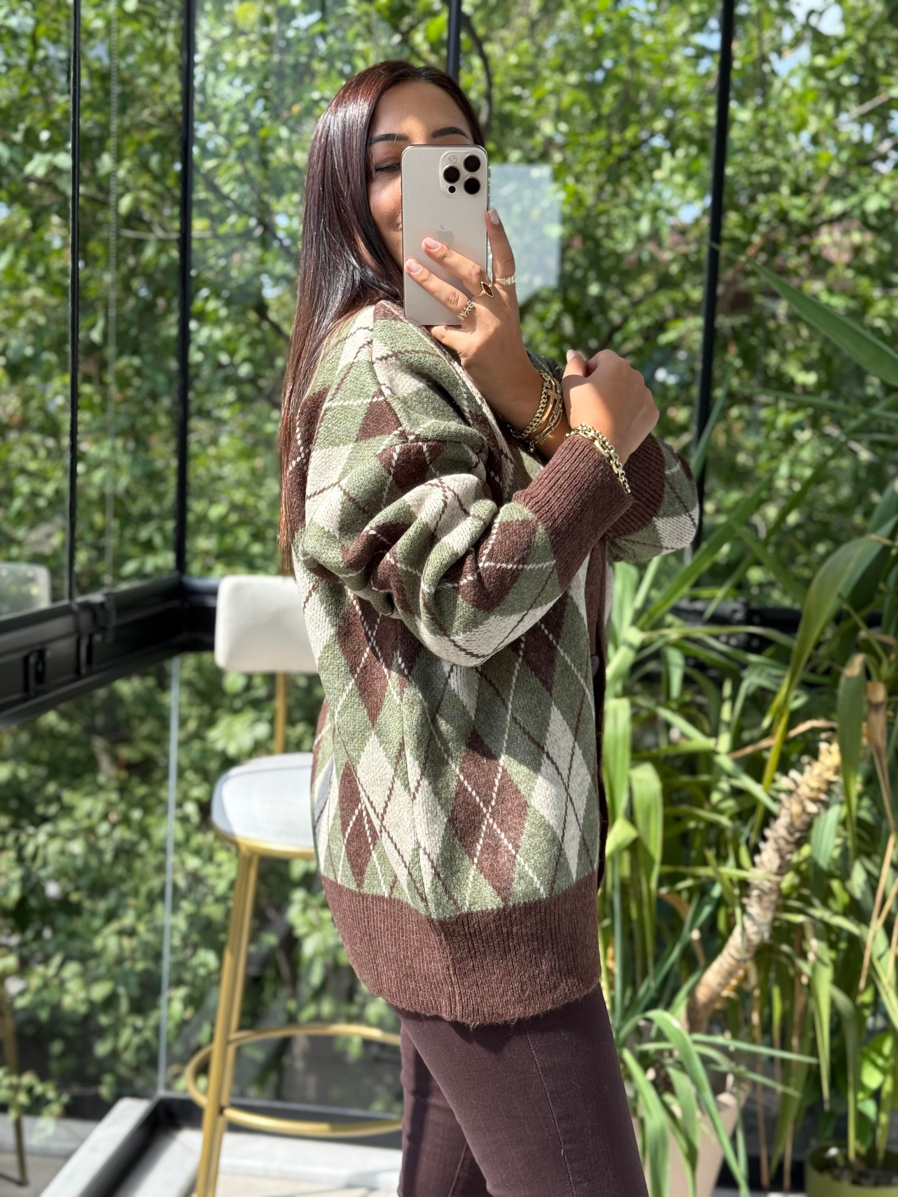 Baklava Jakarlı Hırka Haki Yeşili