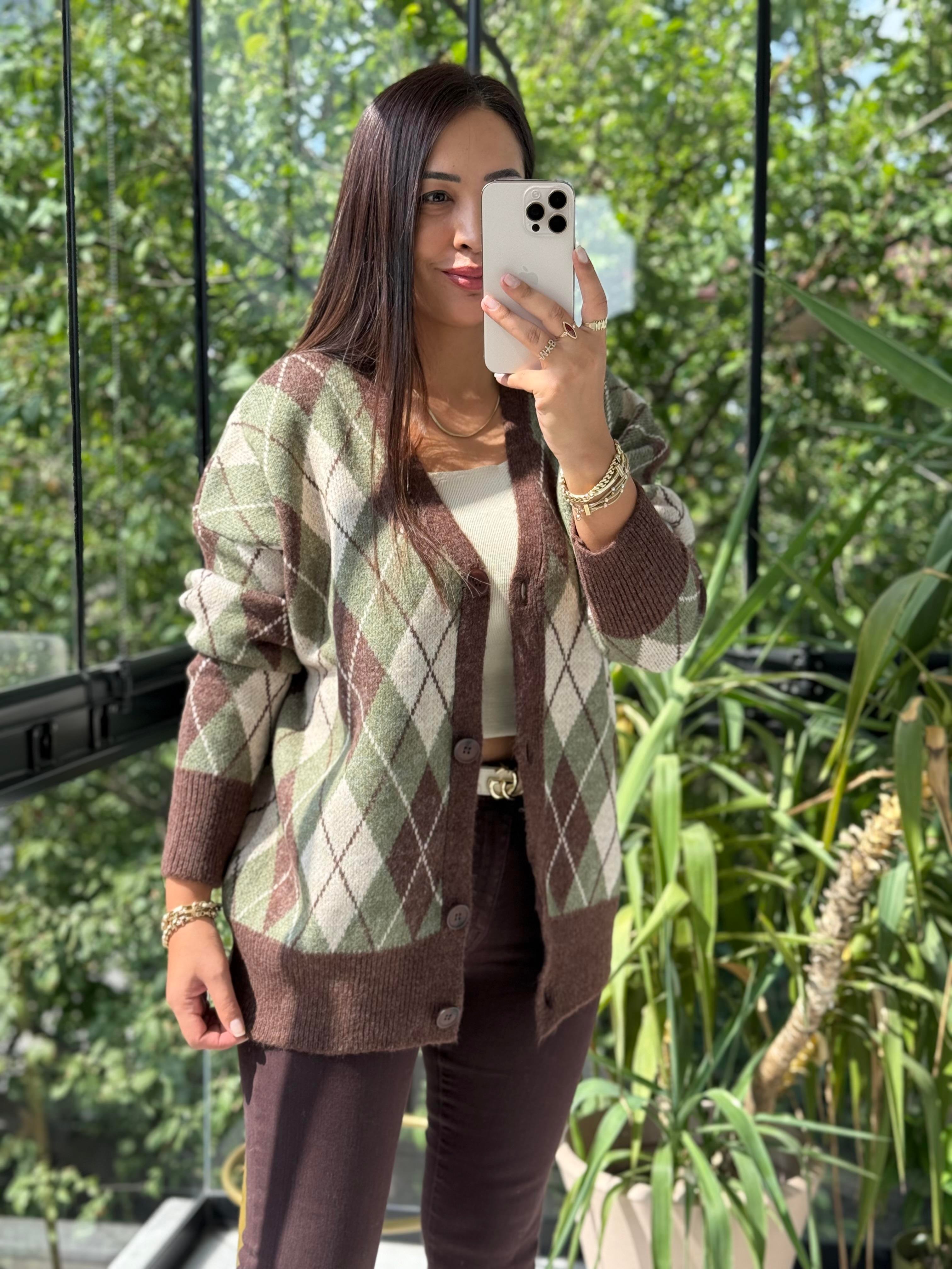 Baklava Jakarlı Hırka Haki Yeşili