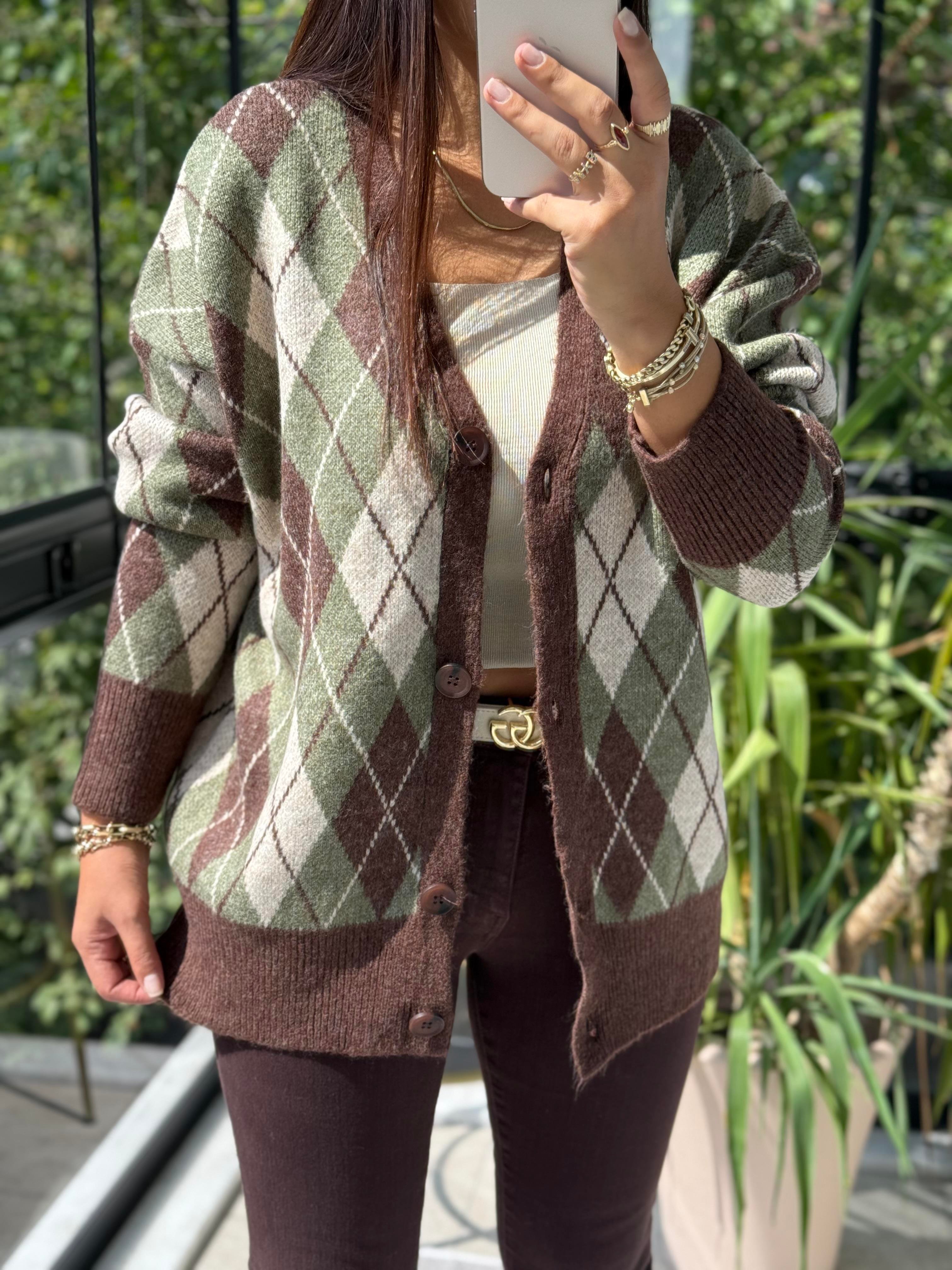 Baklava Jakarlı Hırka Haki Yeşili