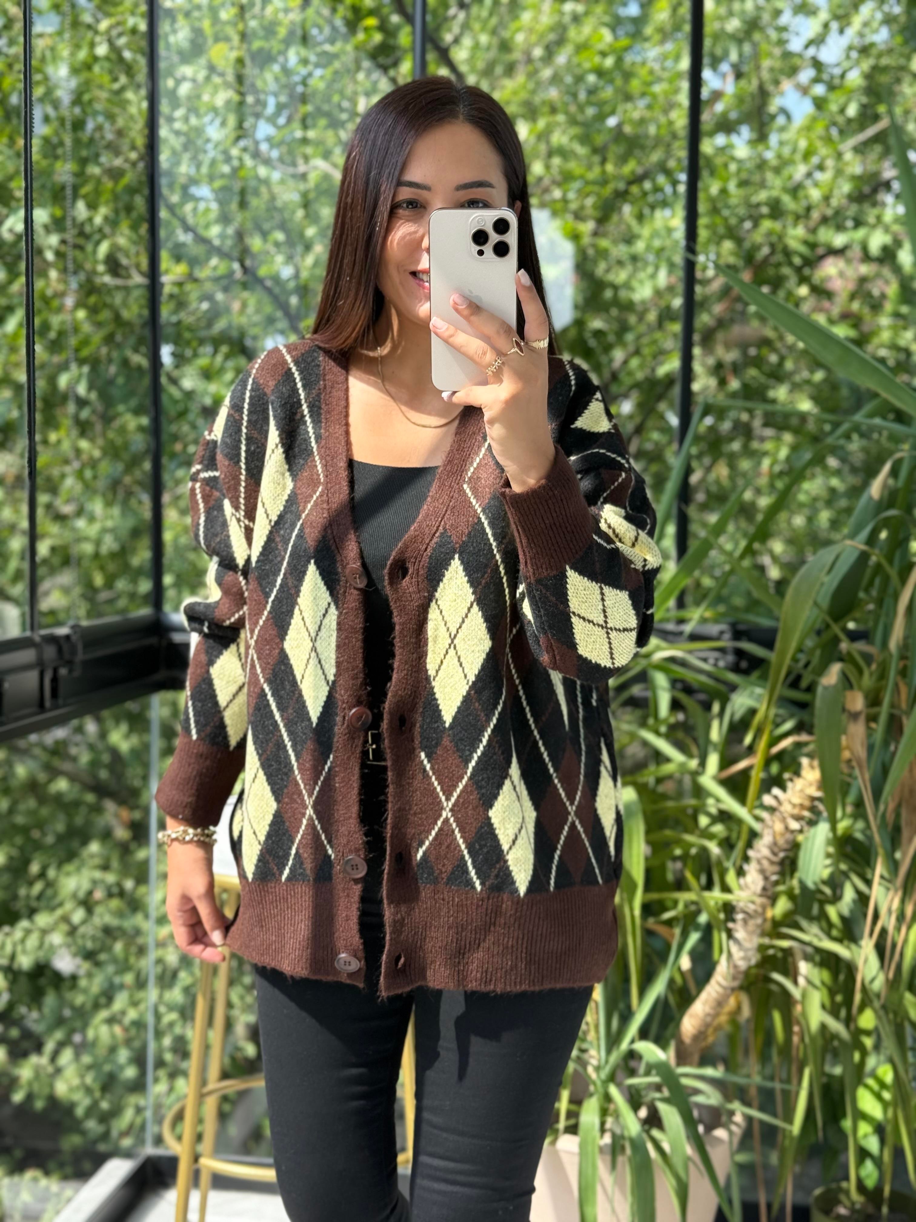 Baklava Jakarlı Hırka Kahve