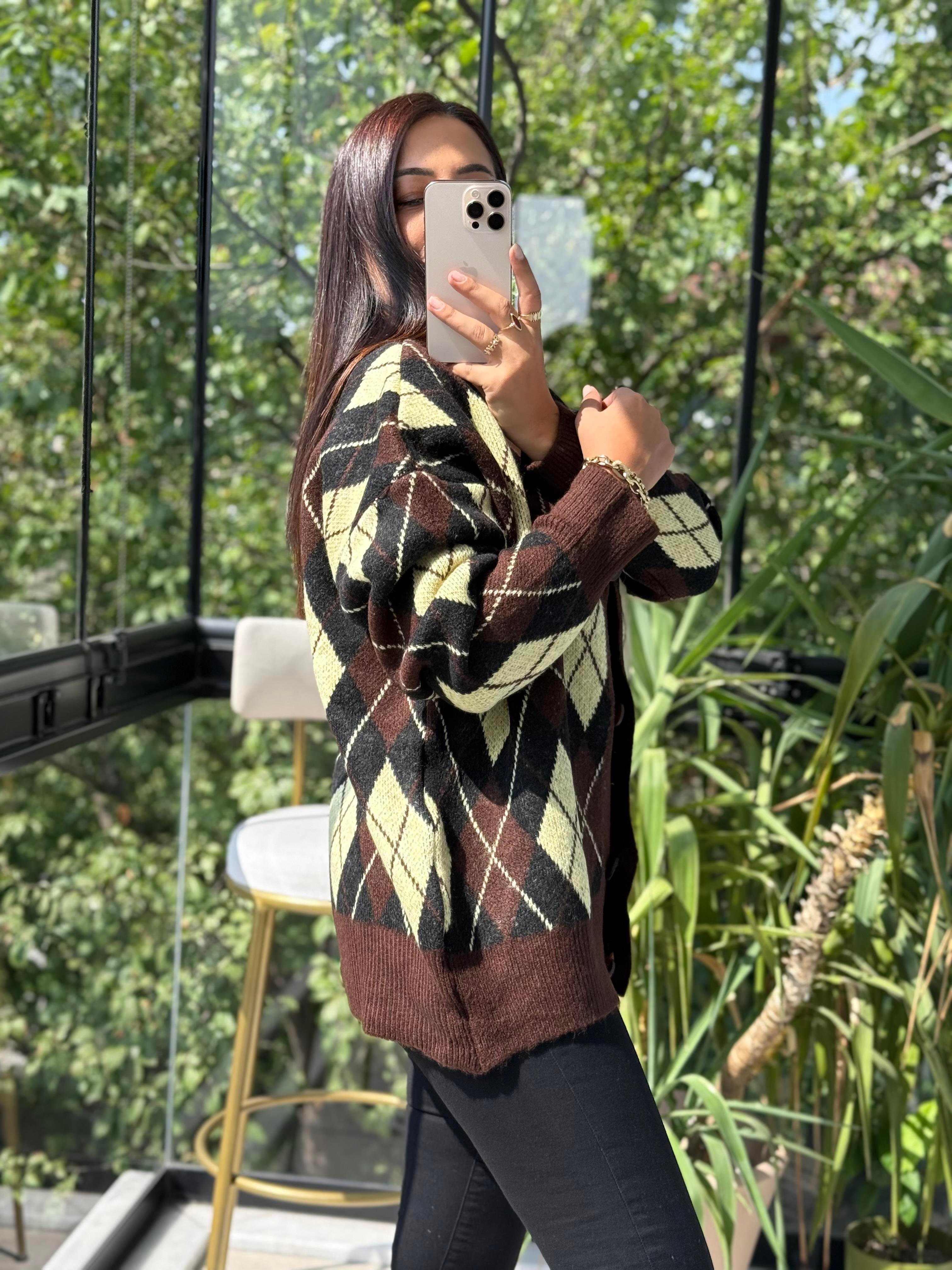 Baklava Jakarlı Hırka Kahve