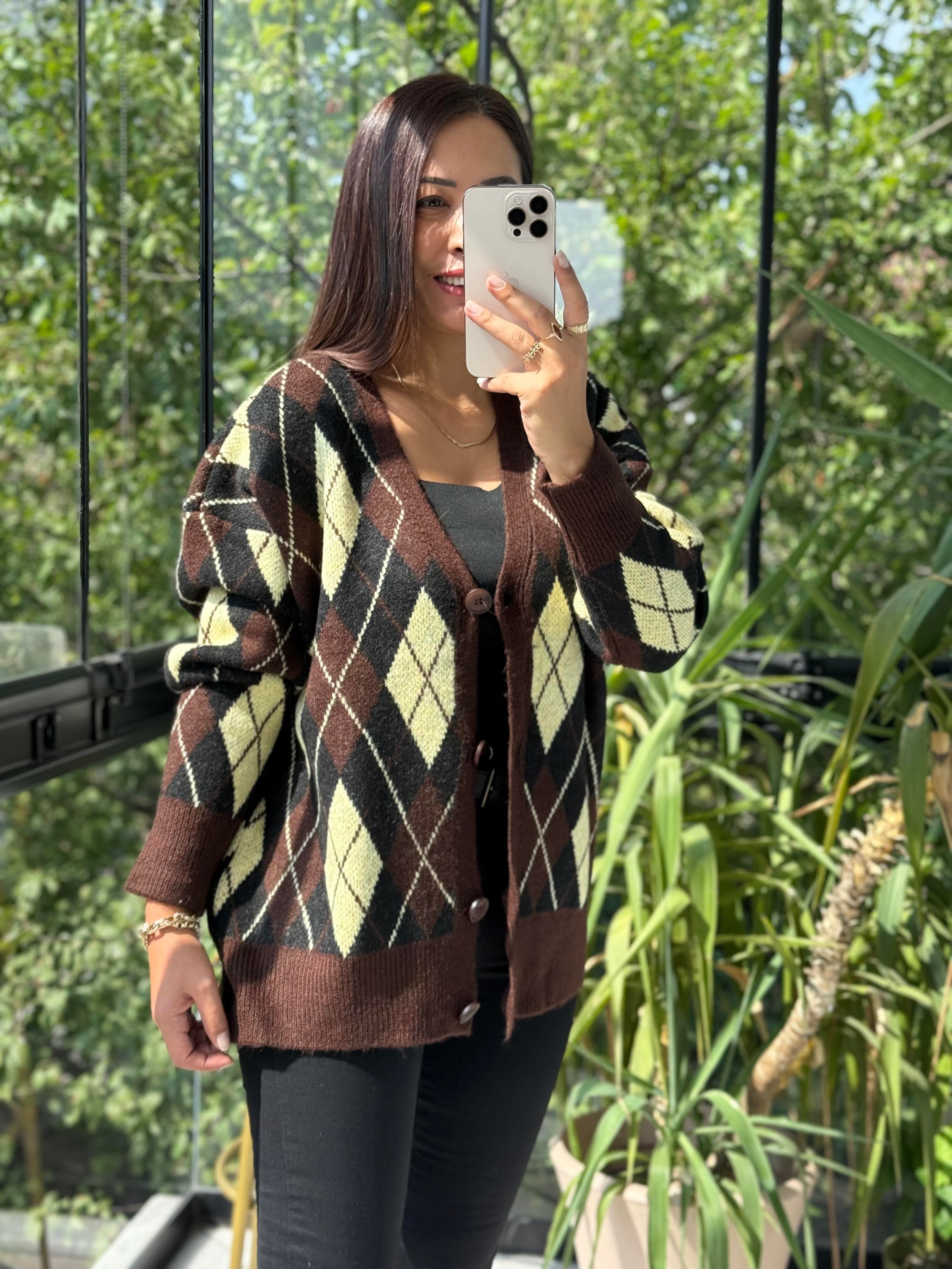 Baklava Jakarlı Hırka Kahve