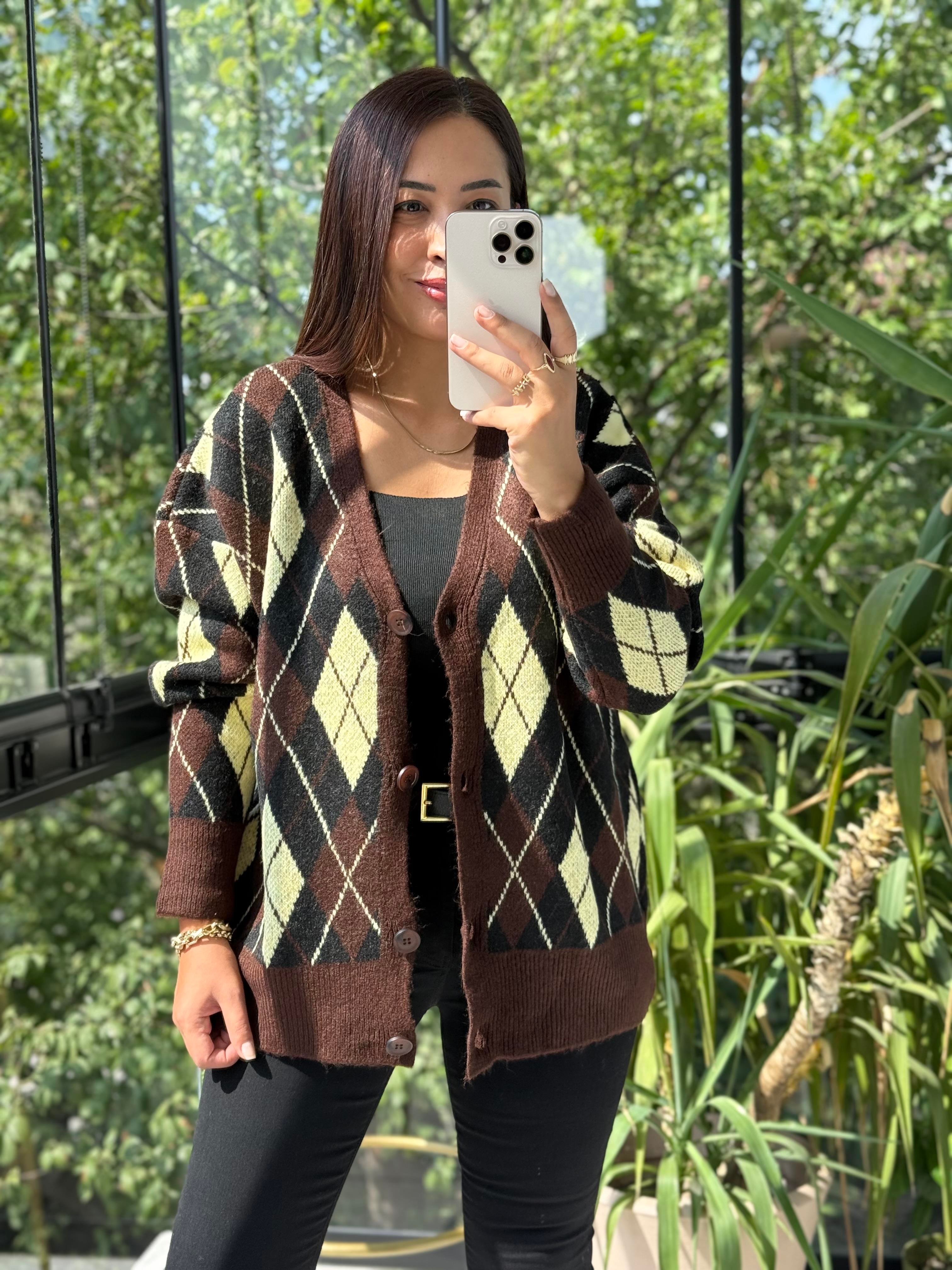 Baklava Jakarlı Hırka Kahve