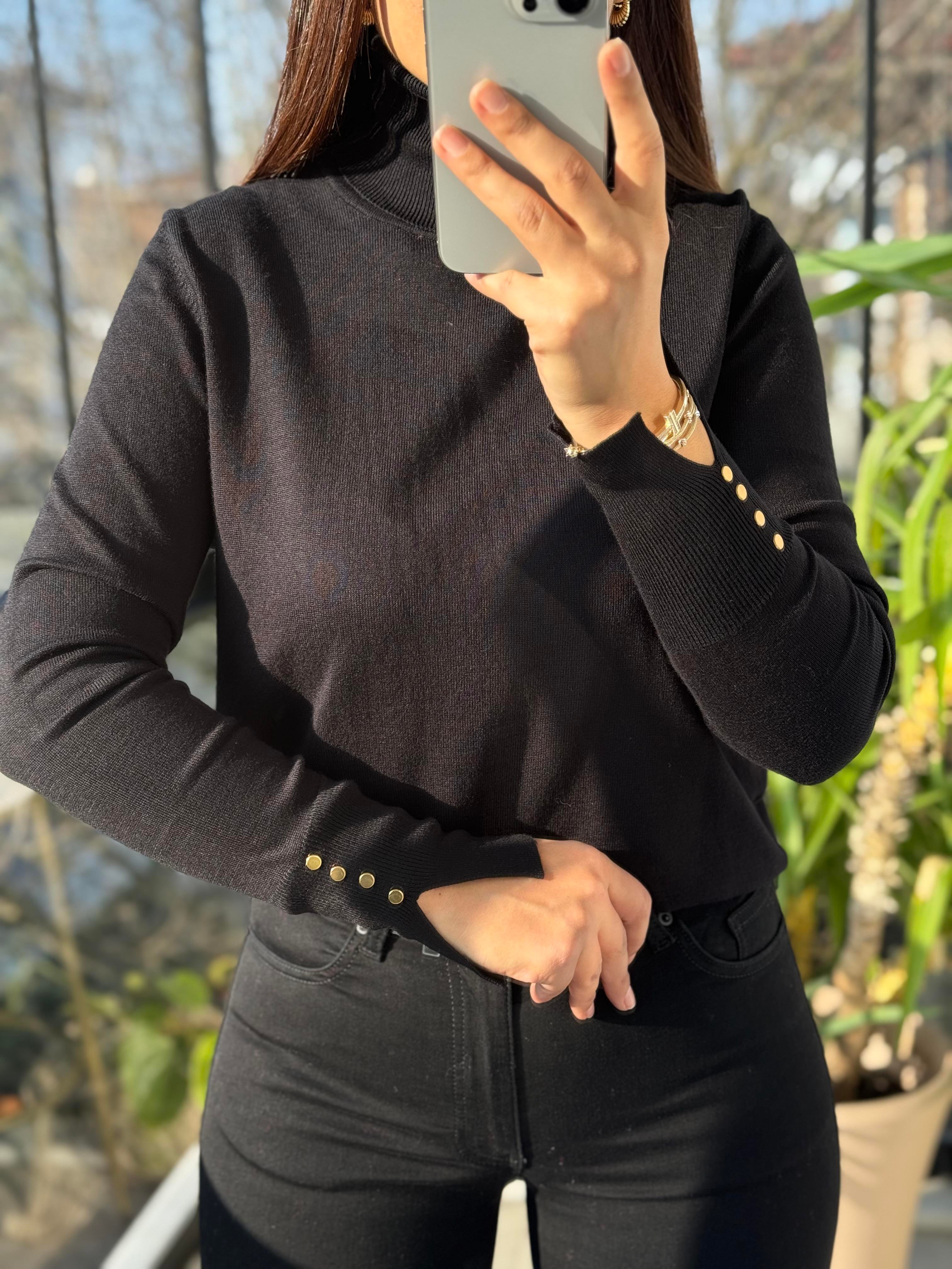 Balıkçı Yaka Manşetli Çıtçıtlı Kazak Siyah