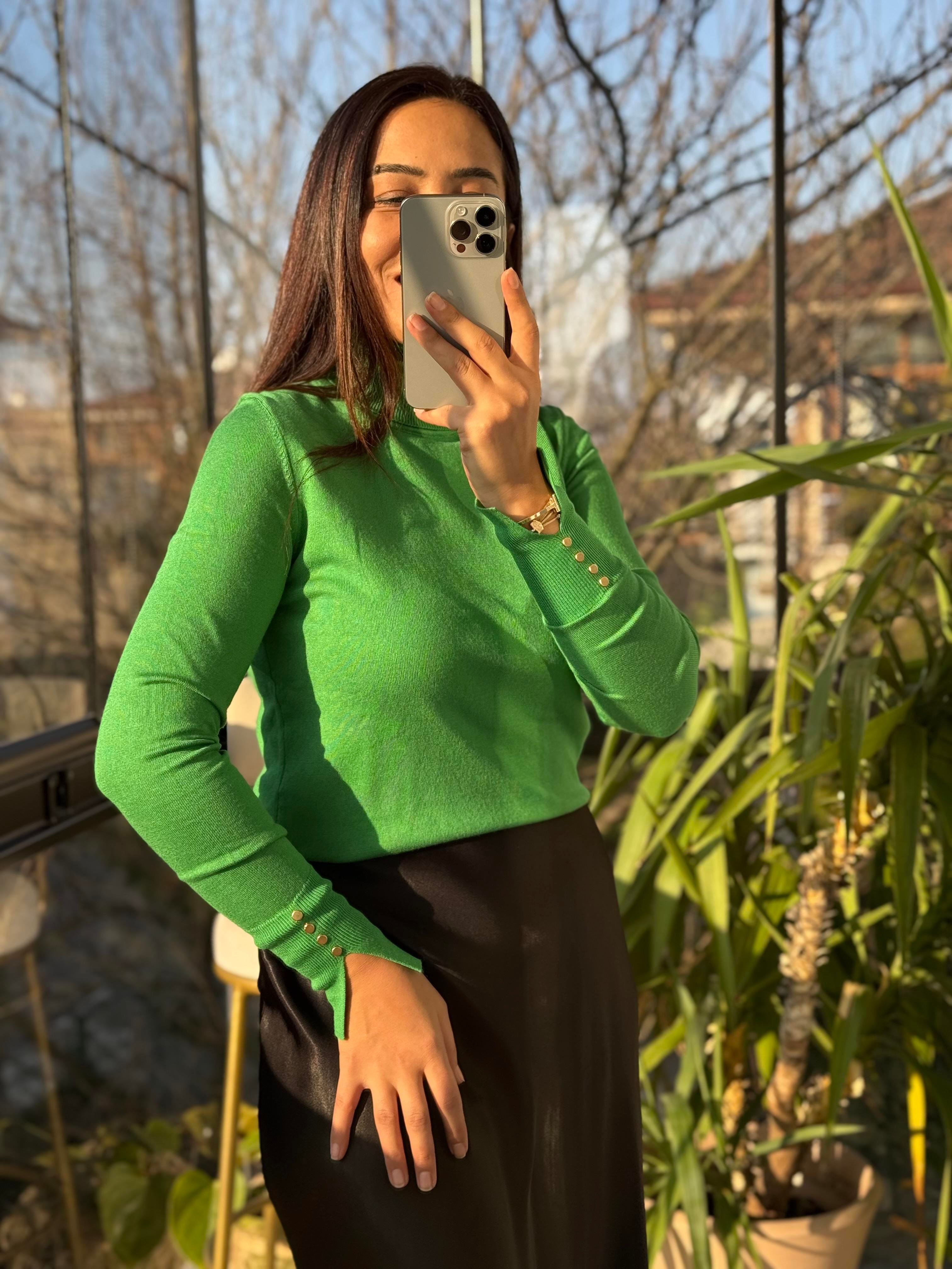 Balıkçı Yaka Manşetli Çıtçıtlı Kazak Yeşil