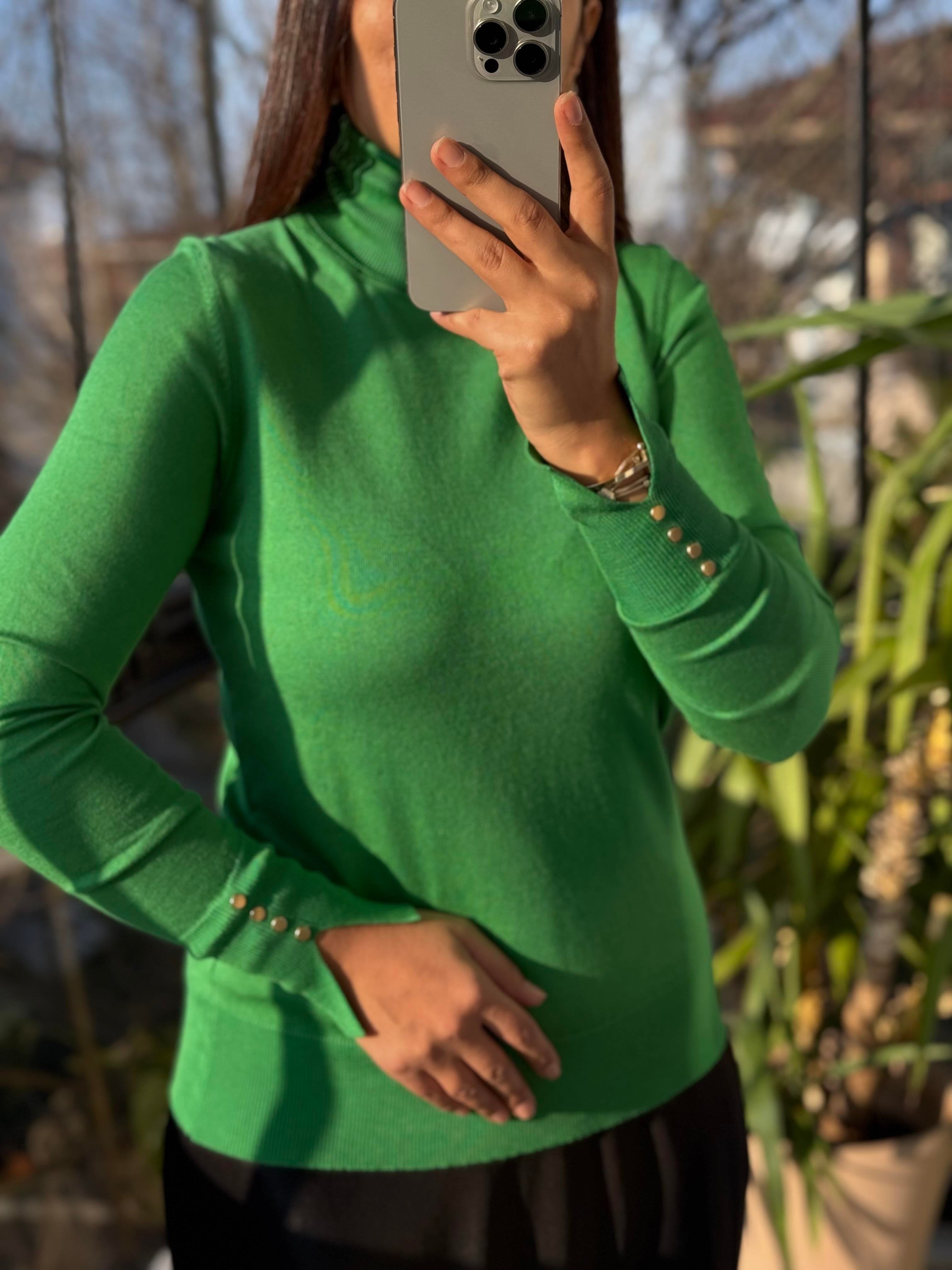 Balıkçı Yaka Manşetli Çıtçıtlı Kazak Yeşil