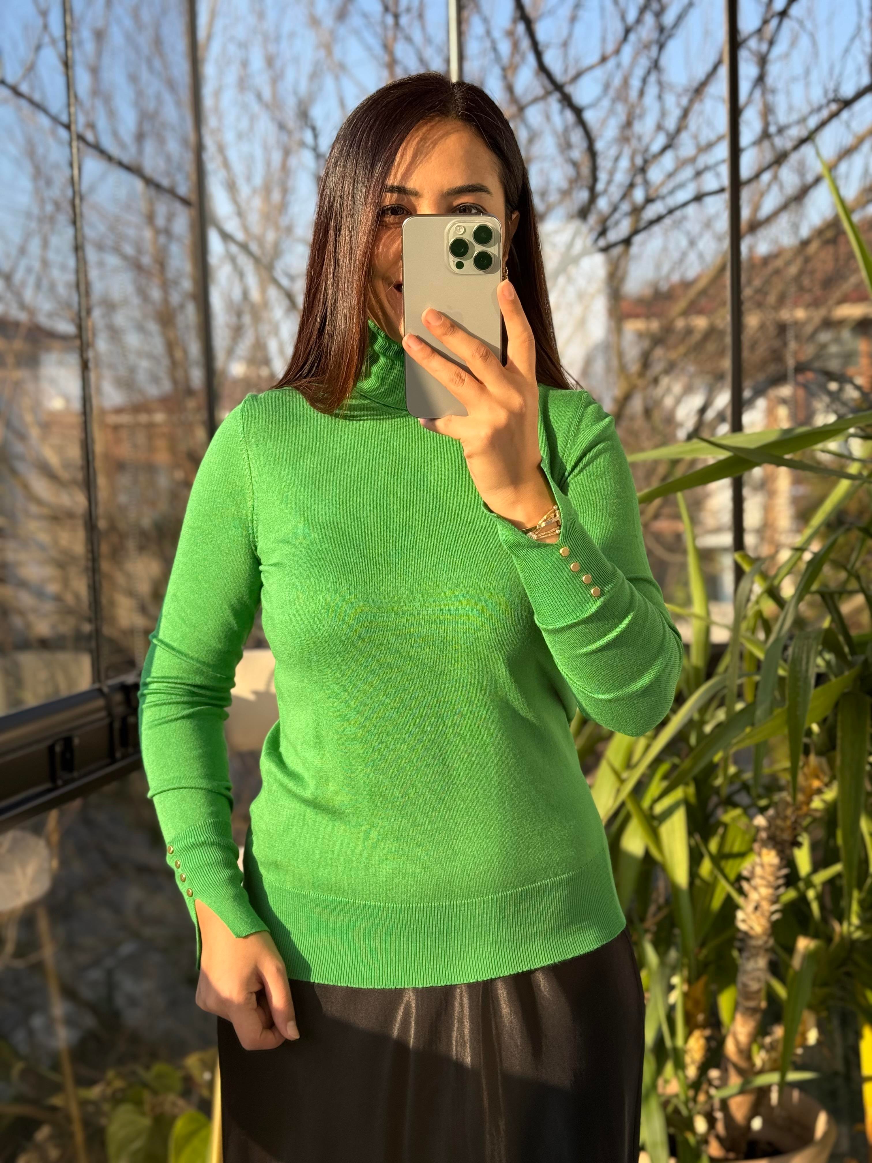 Balıkçı Yaka Manşetli Çıtçıtlı Kazak Yeşil