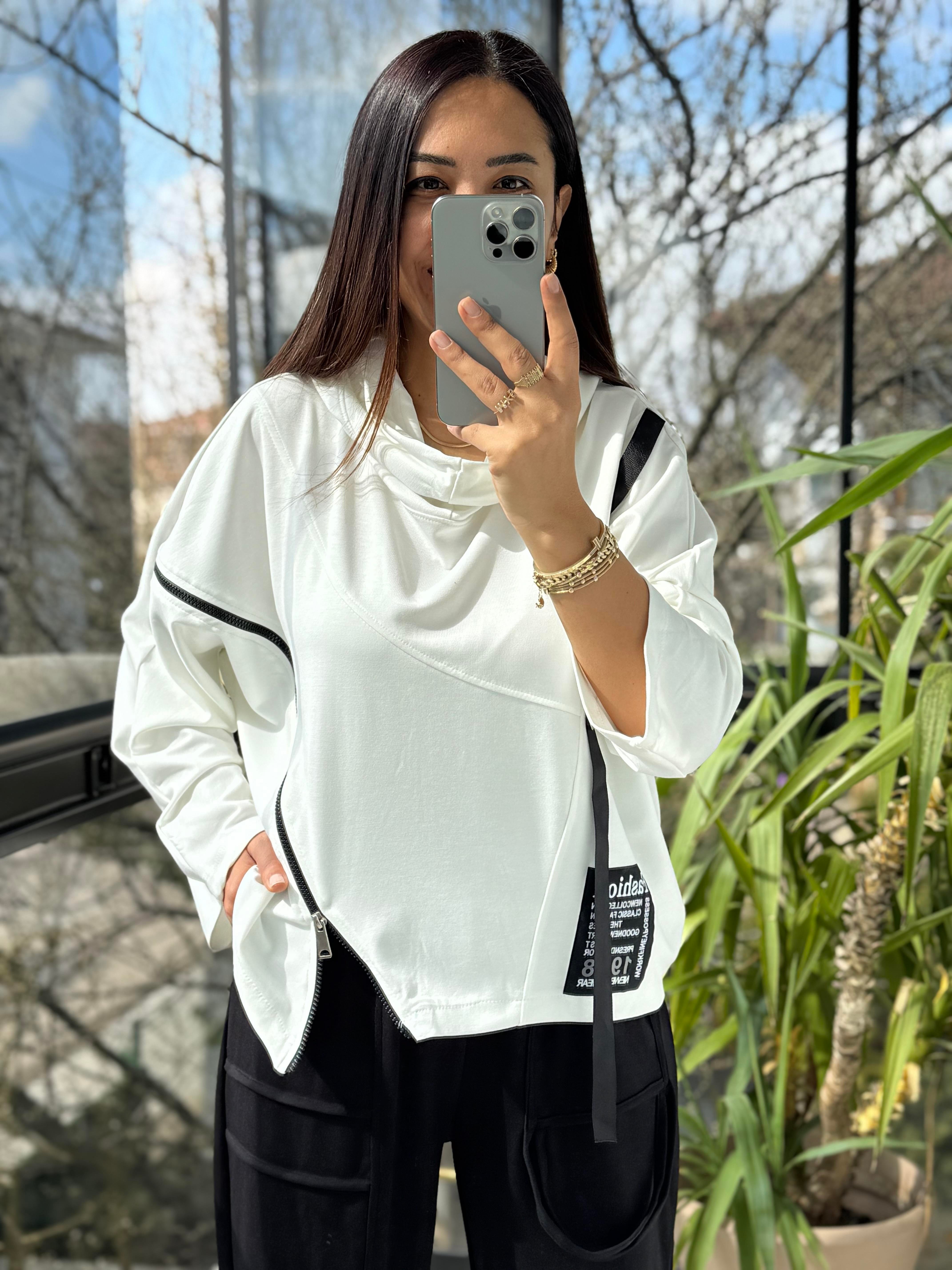 Baskılı Fermuarlı Sweatshirt Beyaz