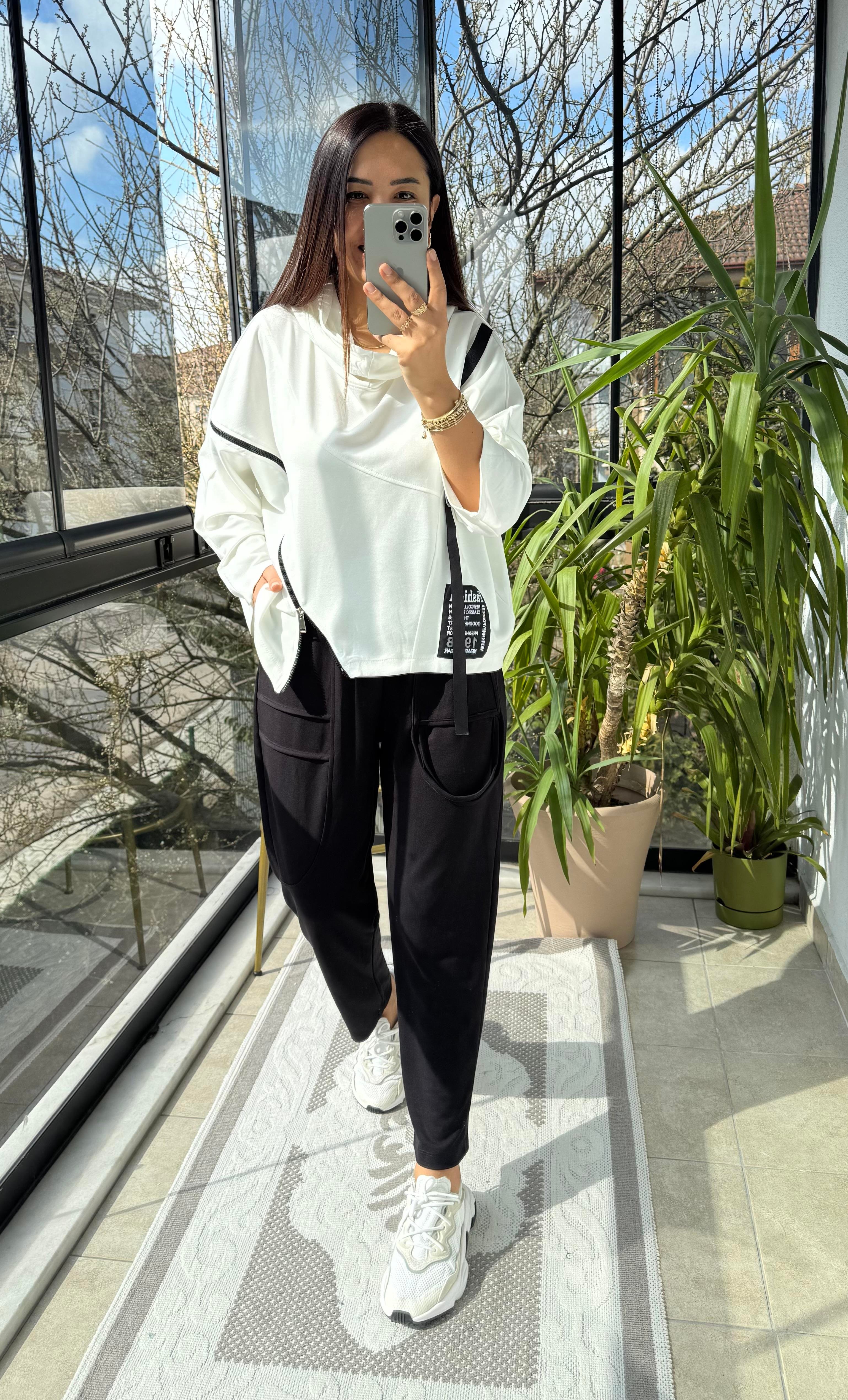 Baskılı Fermuarlı Sweatshirt Beyaz