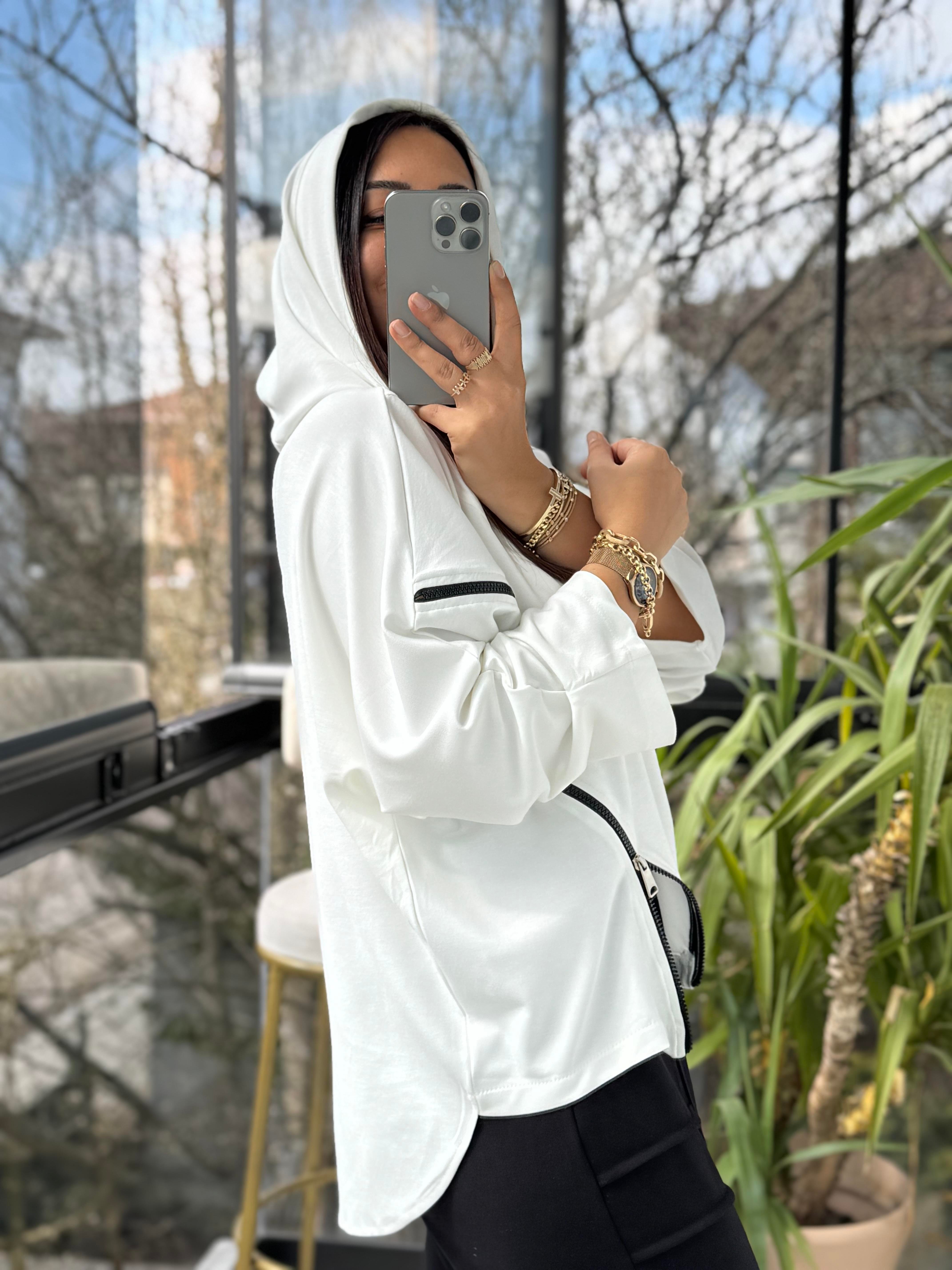 Baskılı Fermuarlı Sweatshirt Beyaz