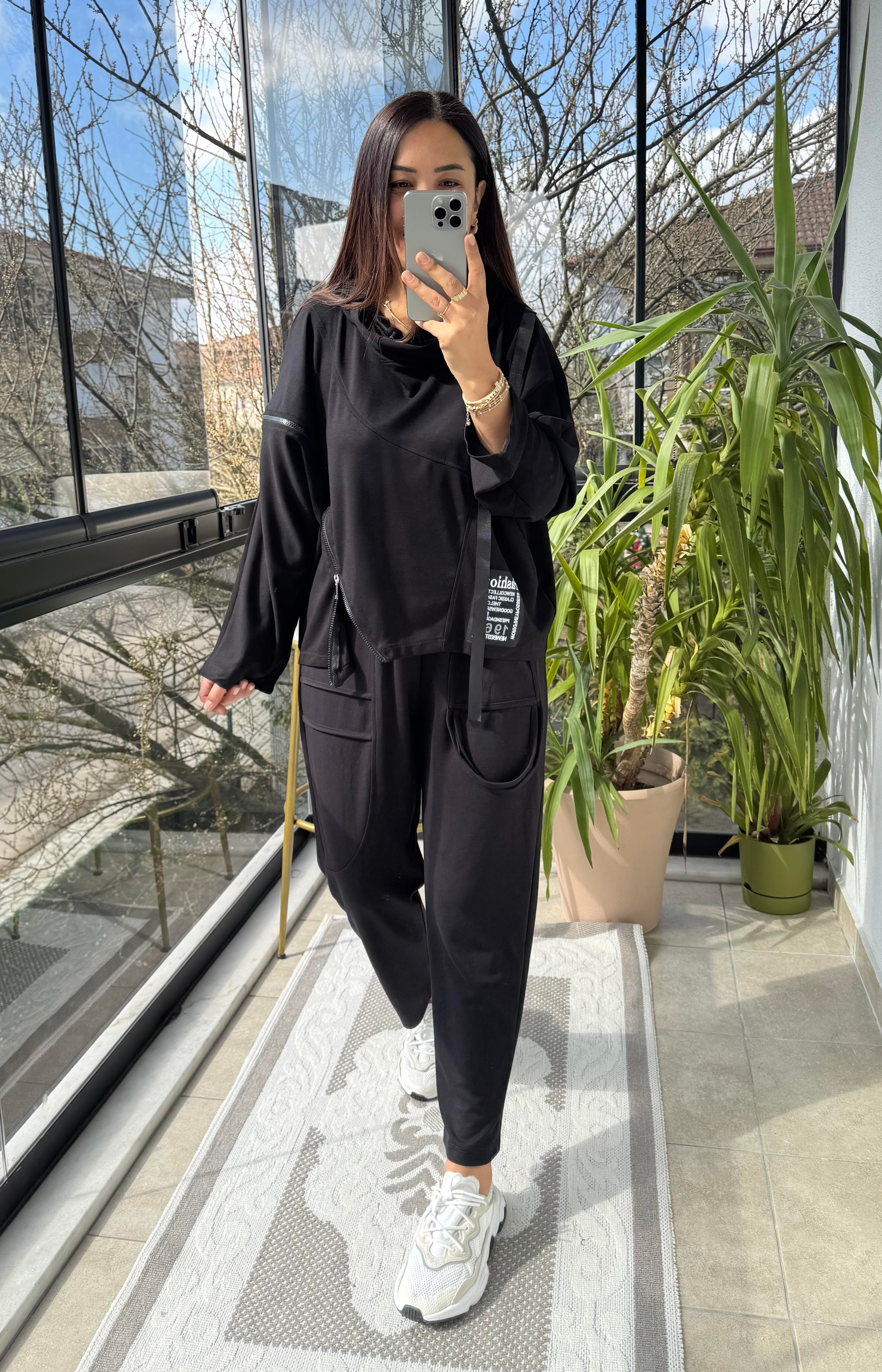 Baskılı Fermuarlı Sweatshirt Siyah