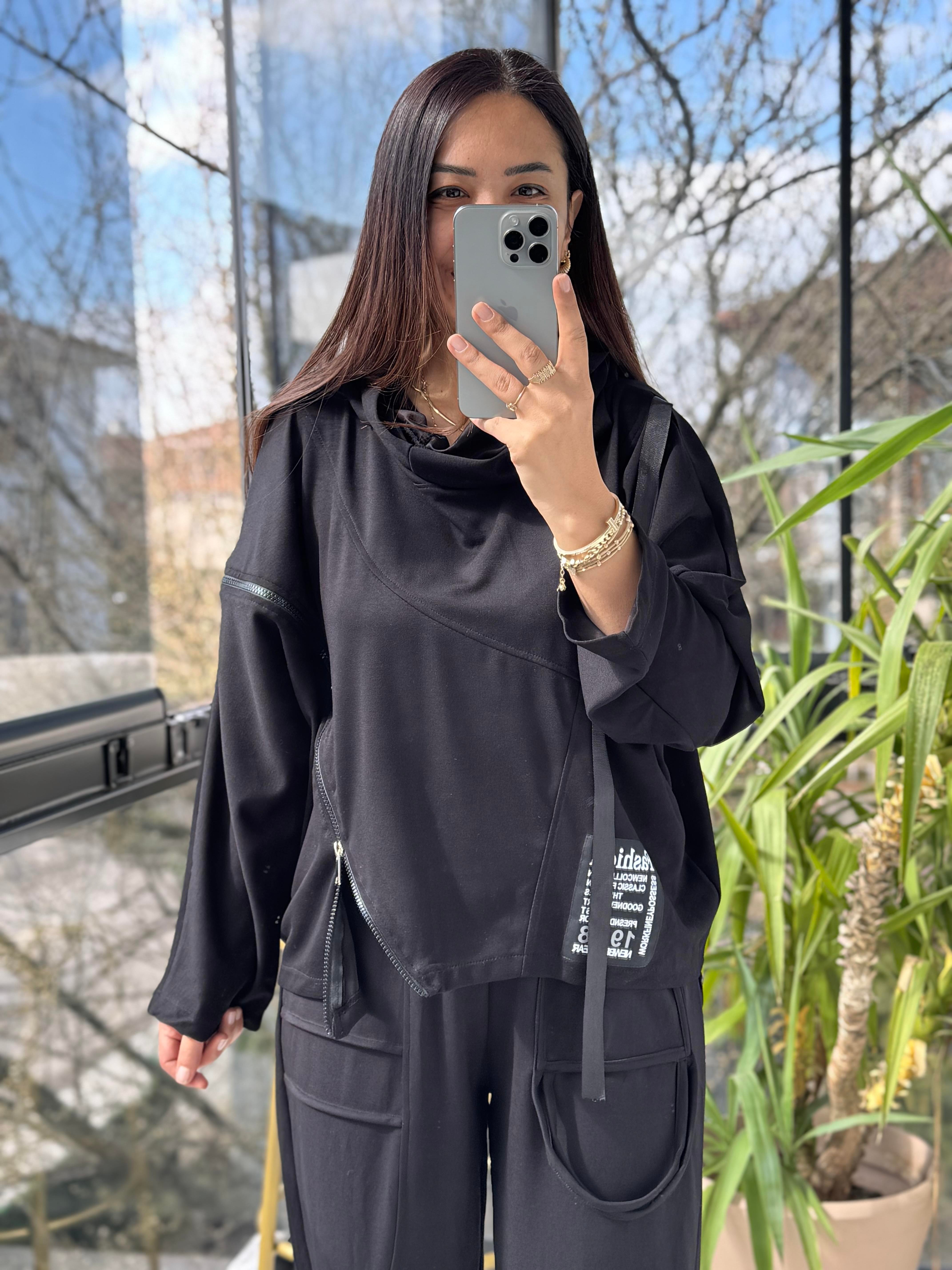 Baskılı Fermuarlı Sweatshirt Siyah