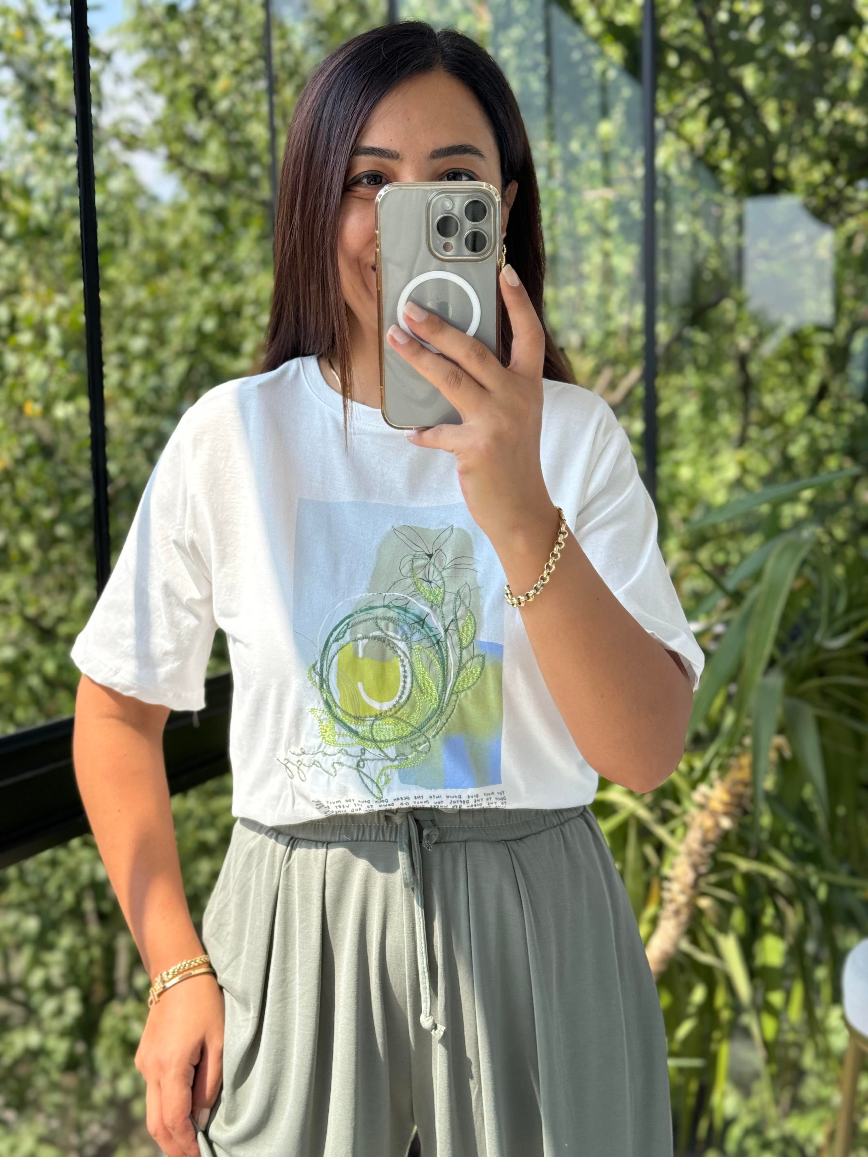 Baskılı Pamuklu Tişört Fıstık Yeşili 