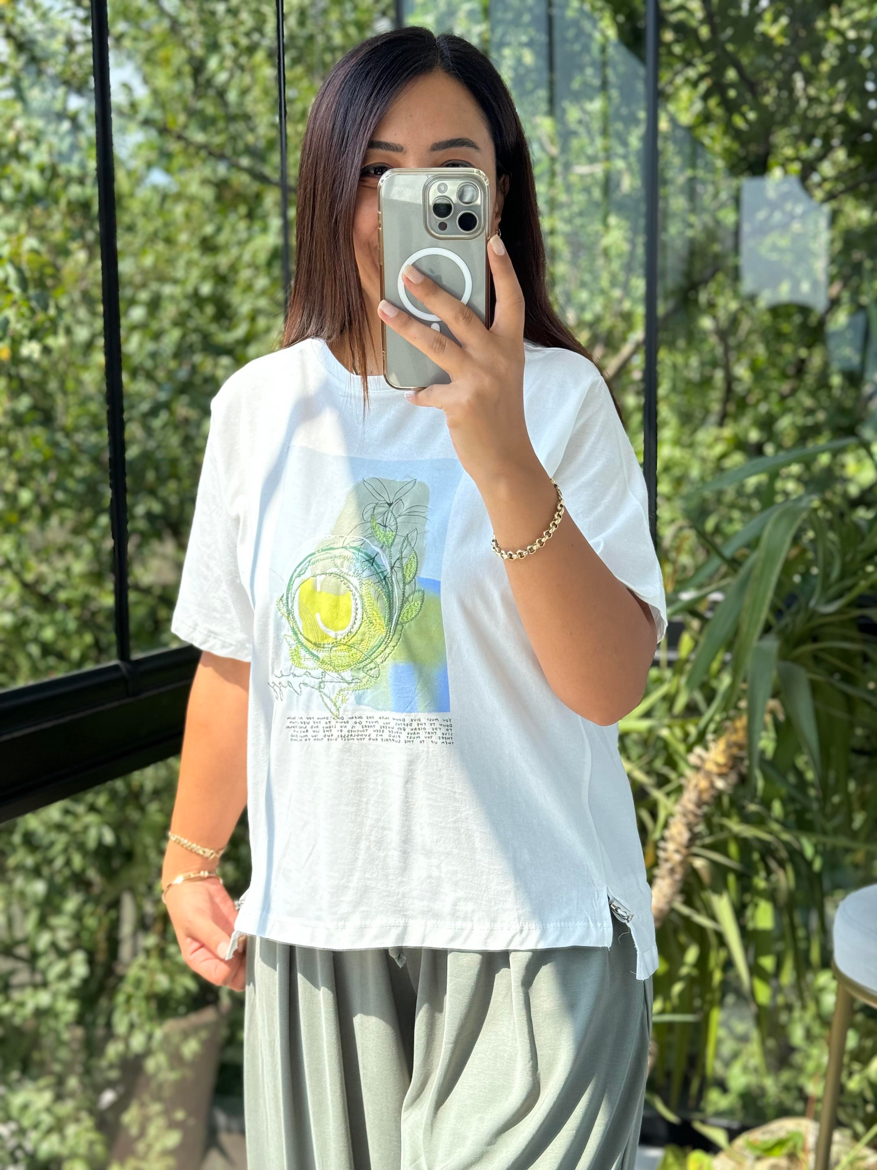 Baskılı Pamuklu Tişört Fıstık Yeşili 