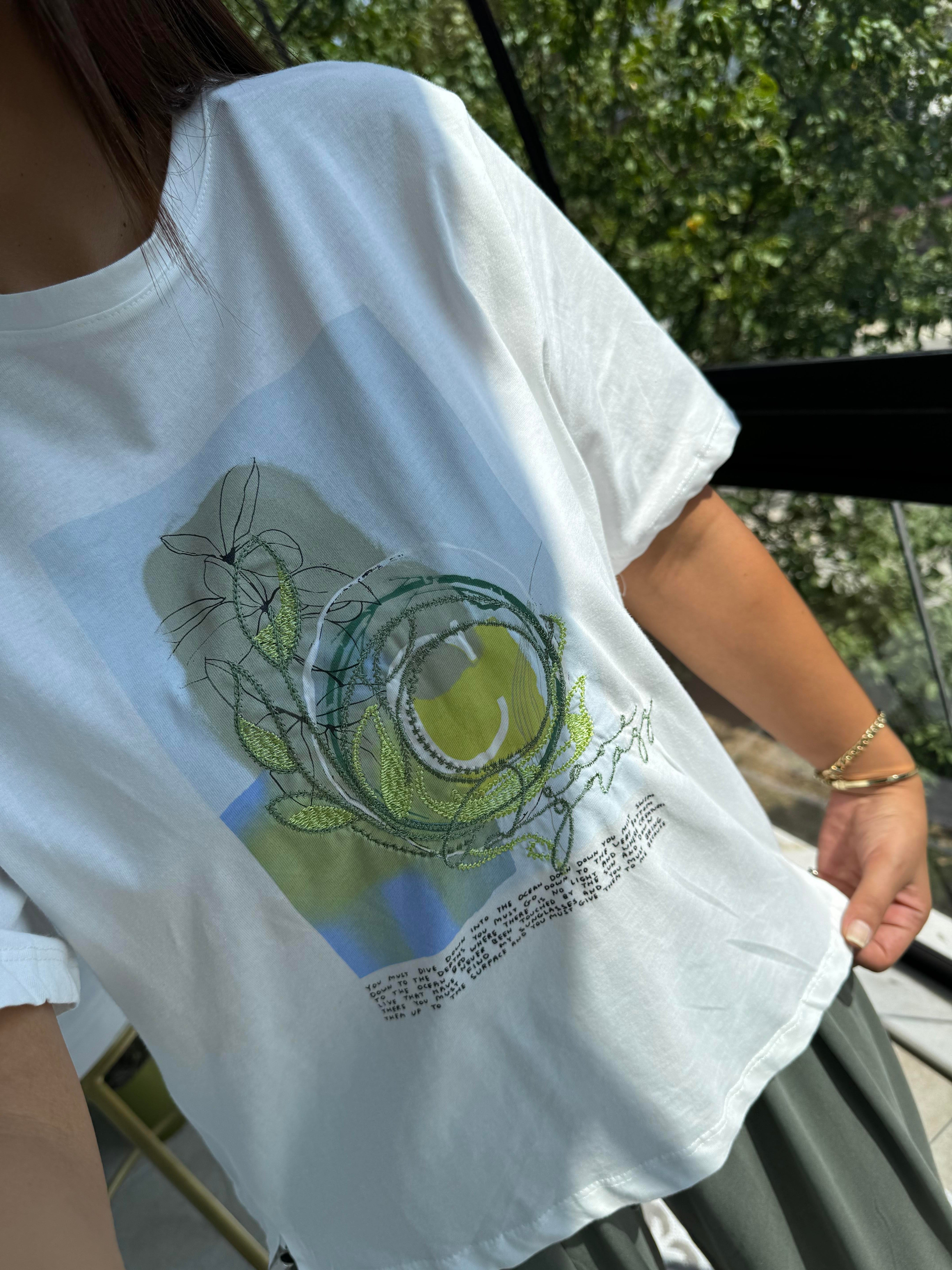 Baskılı Pamuklu Tişört Fıstık Yeşili 