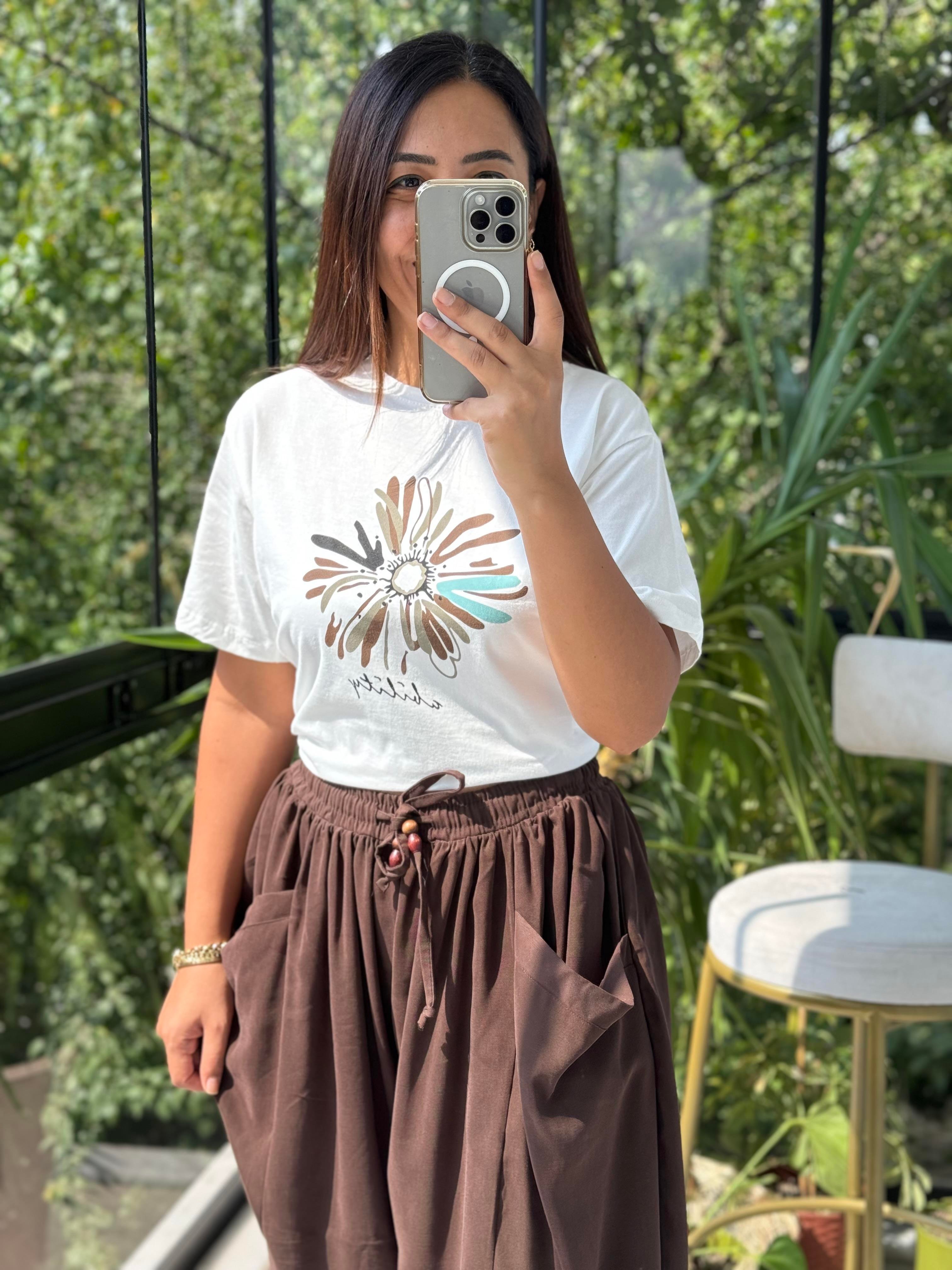 Baskılı Pamuklu Tişört Kahve