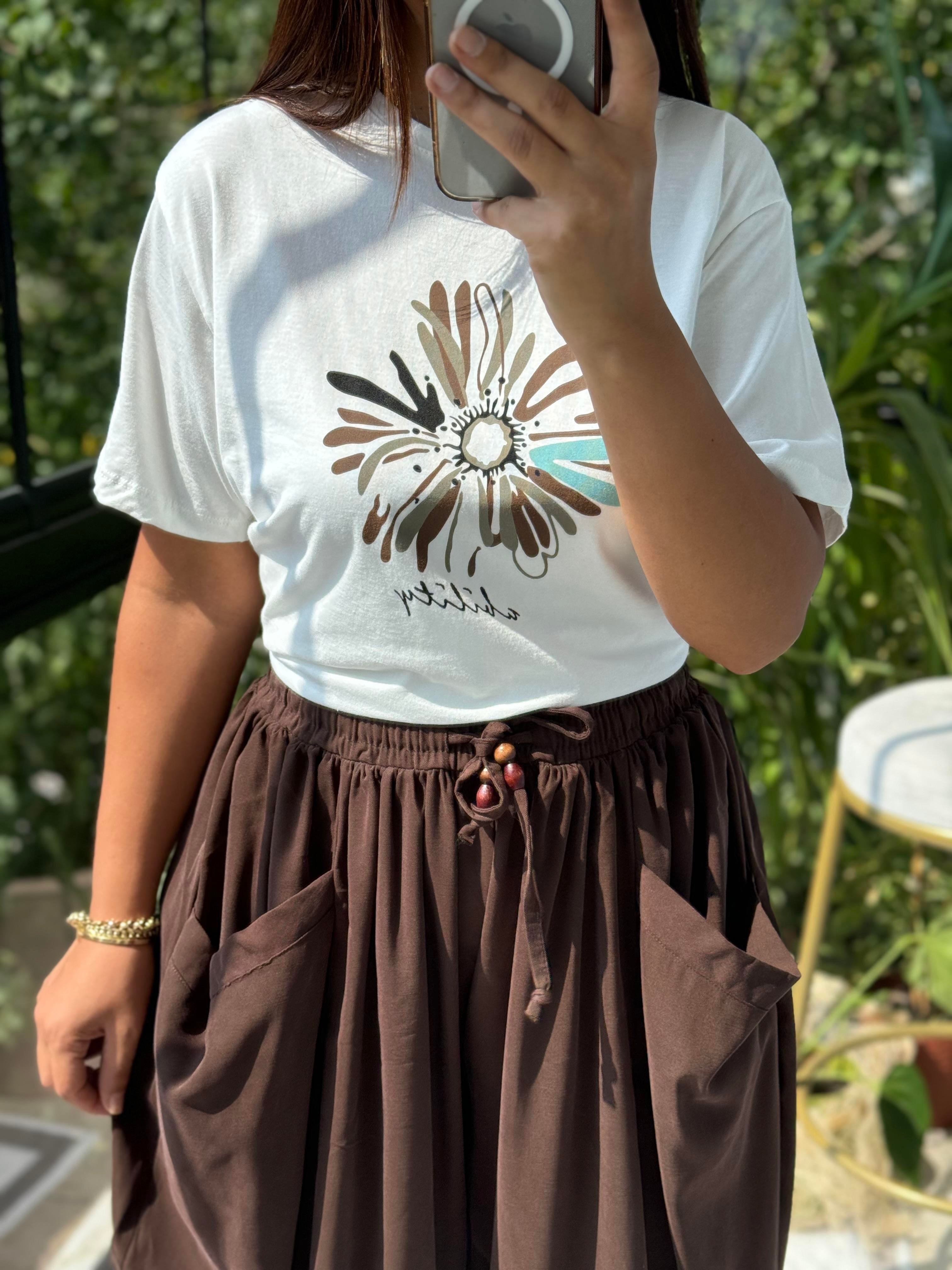 Baskılı Pamuklu Tişört Kahve