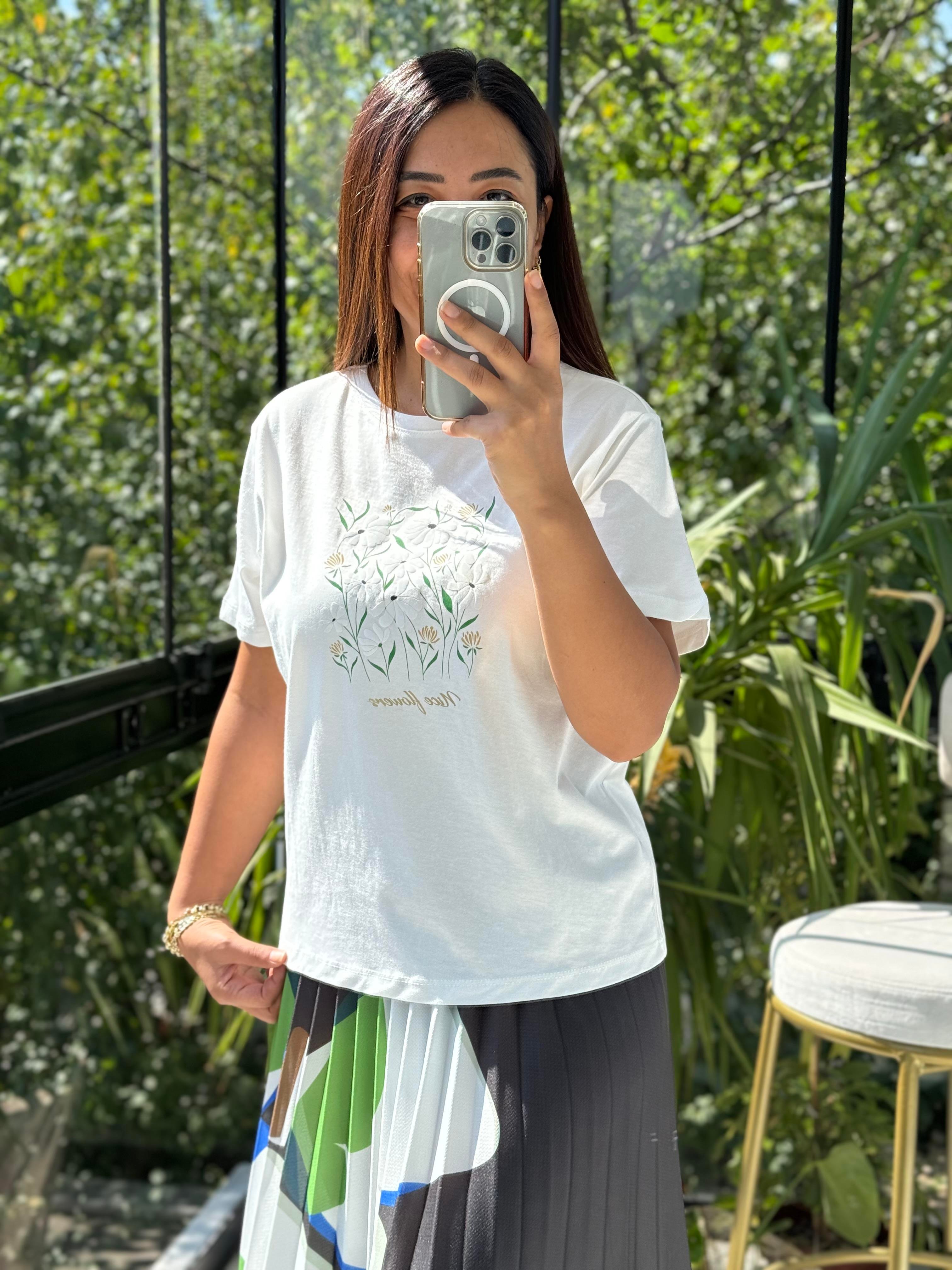 Baskılı Pamuklu Tişört Yeşil