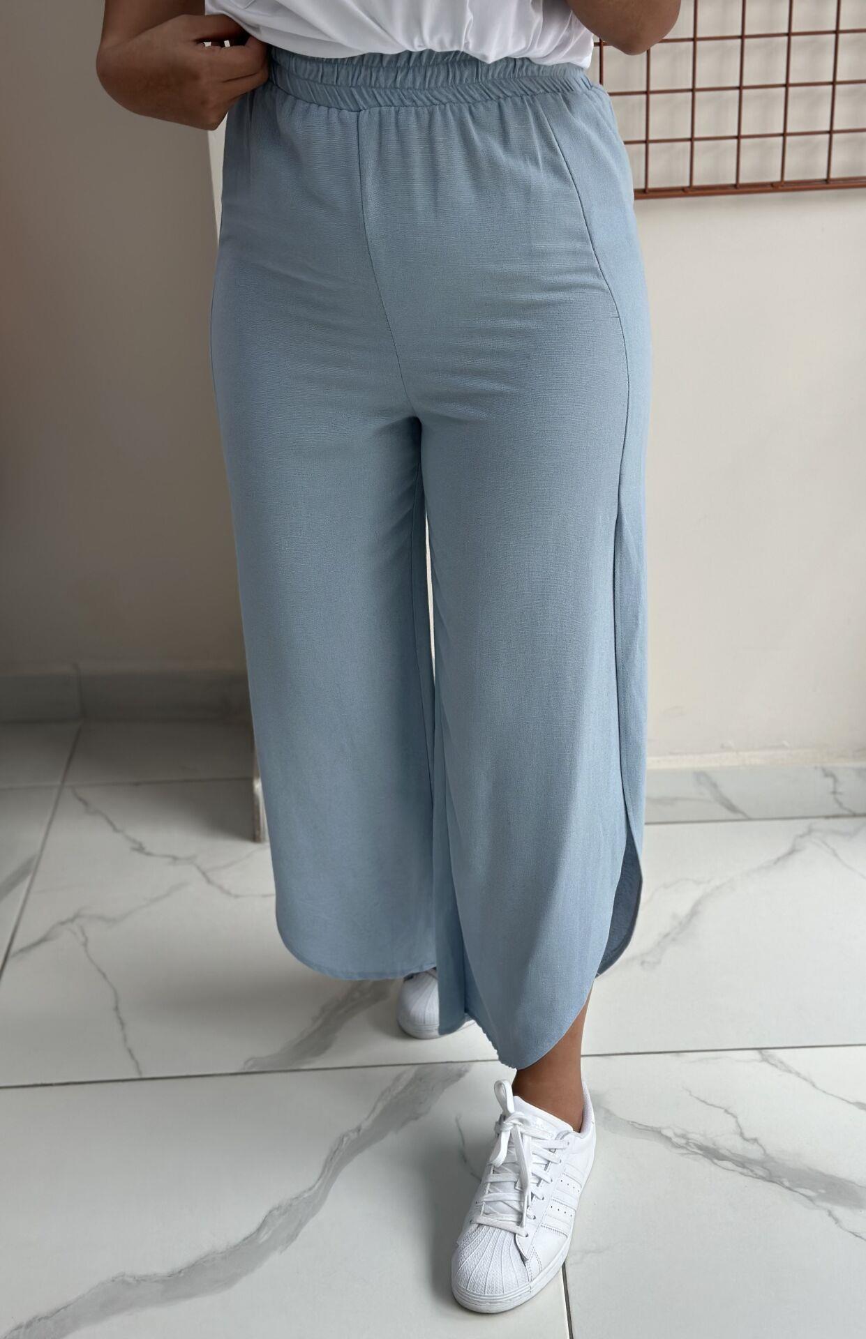 Bebe Mavi Yırtmaçlı Keten Pantolon