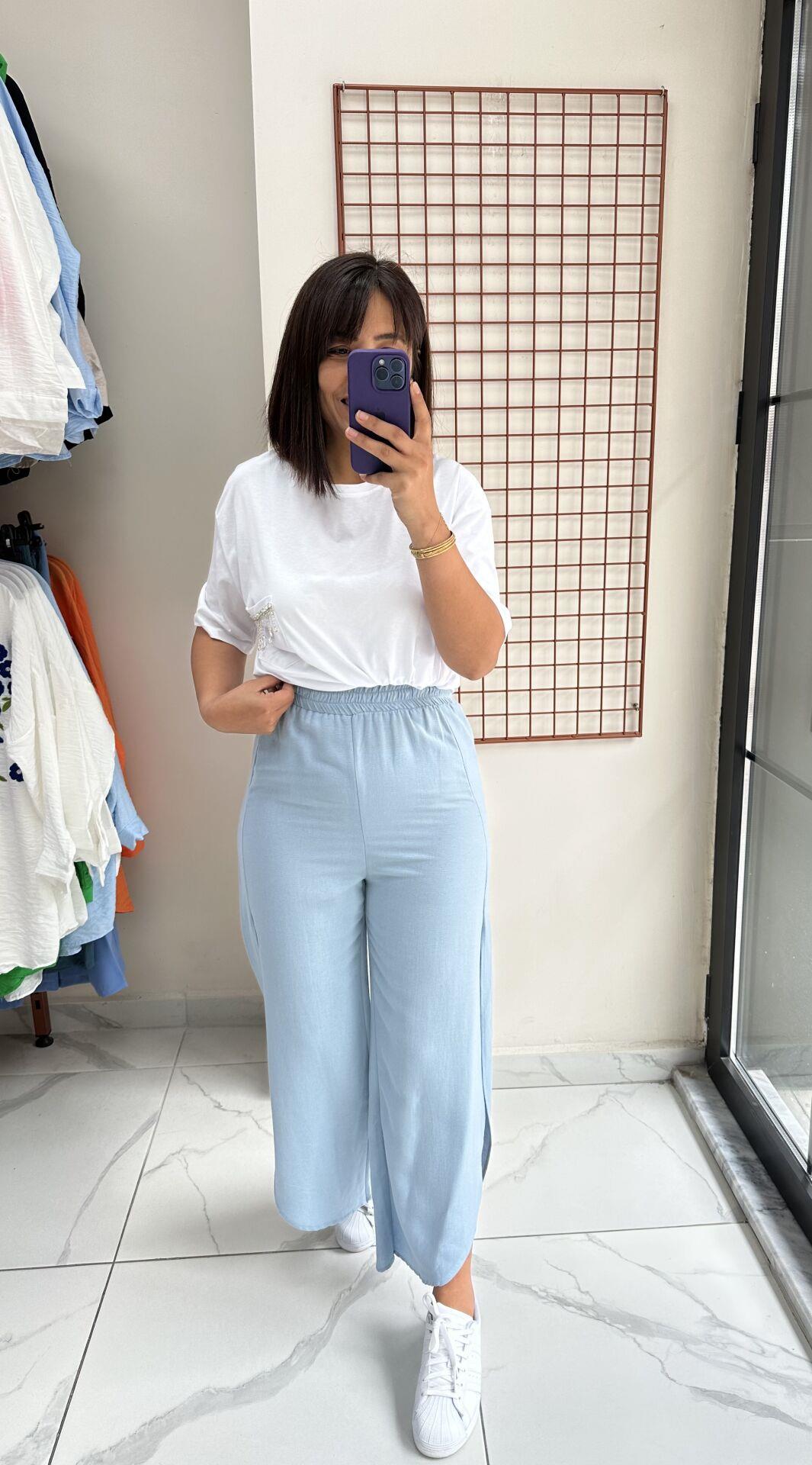 Bebe Mavi Yırtmaçlı Keten Pantolon