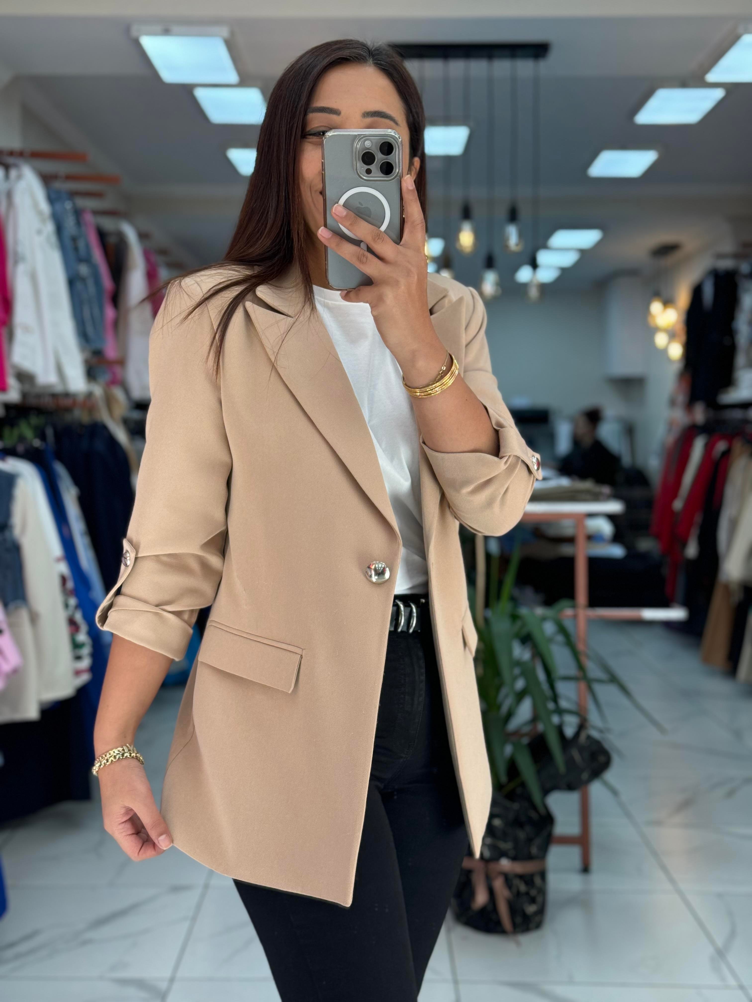 Bej Kolu Düğmeli Blazer Ceket