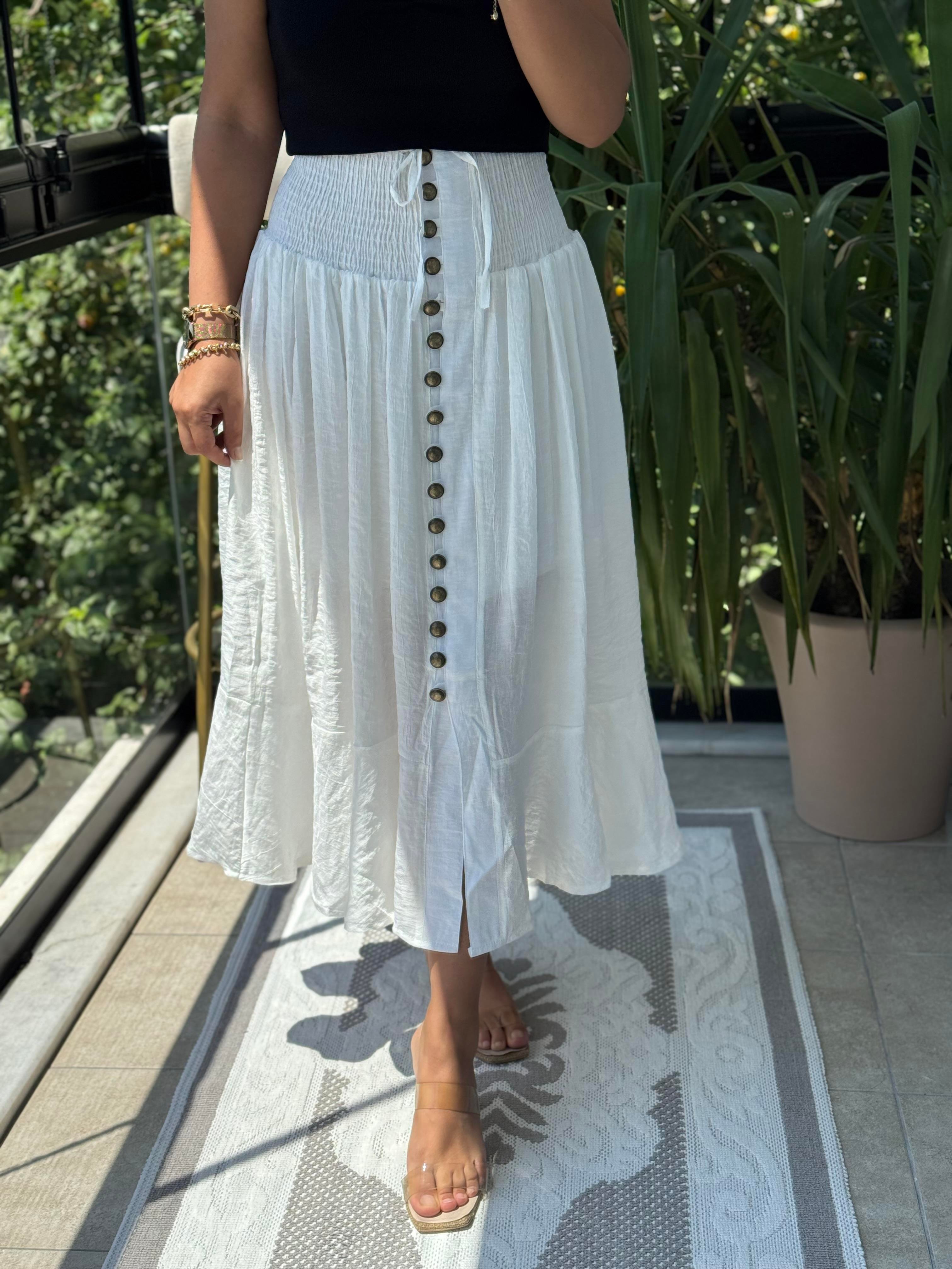 Bel Detaylı Düğmeli Etek Beyaz