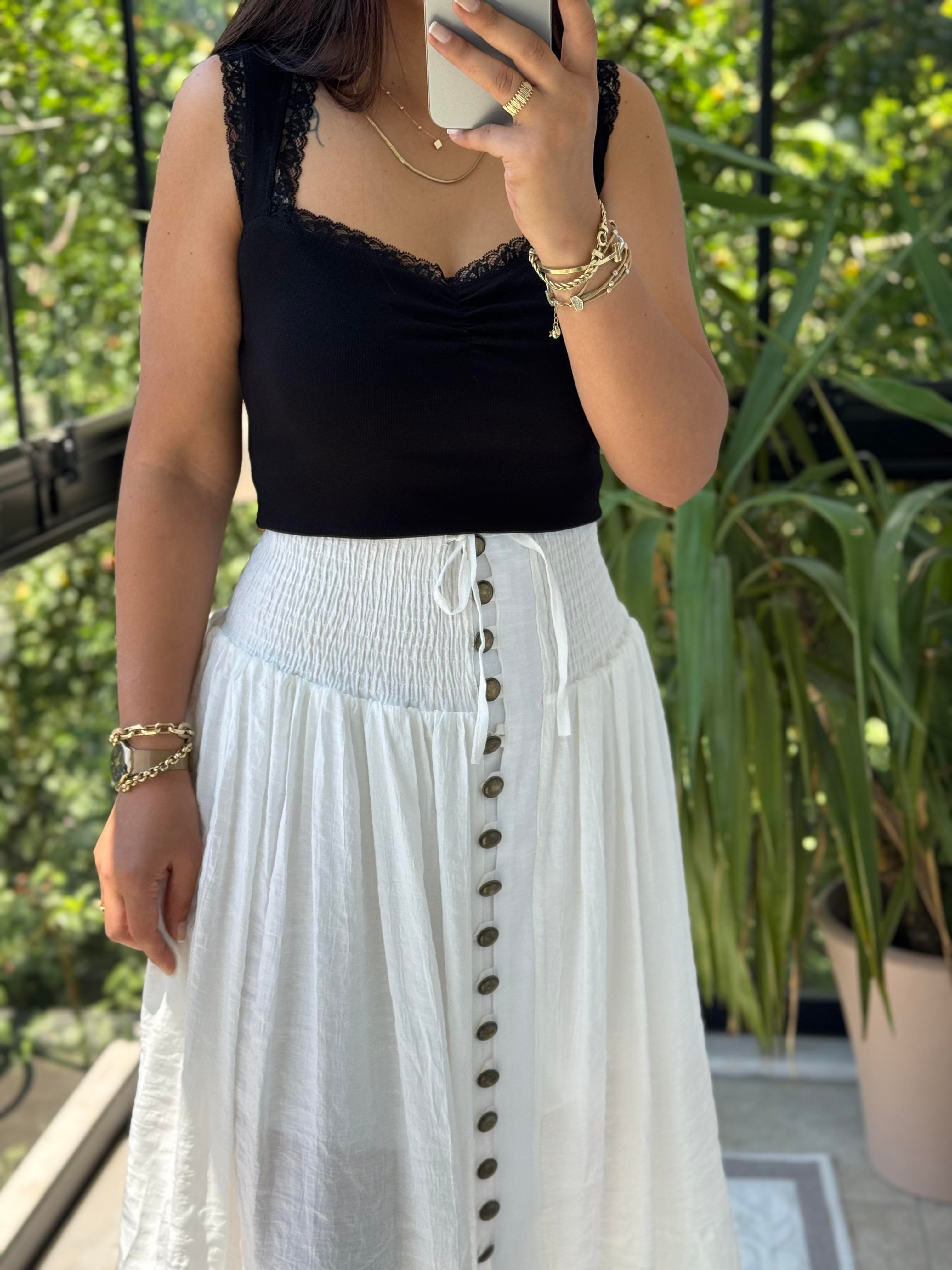 Bel Detaylı Düğmeli Etek Beyaz