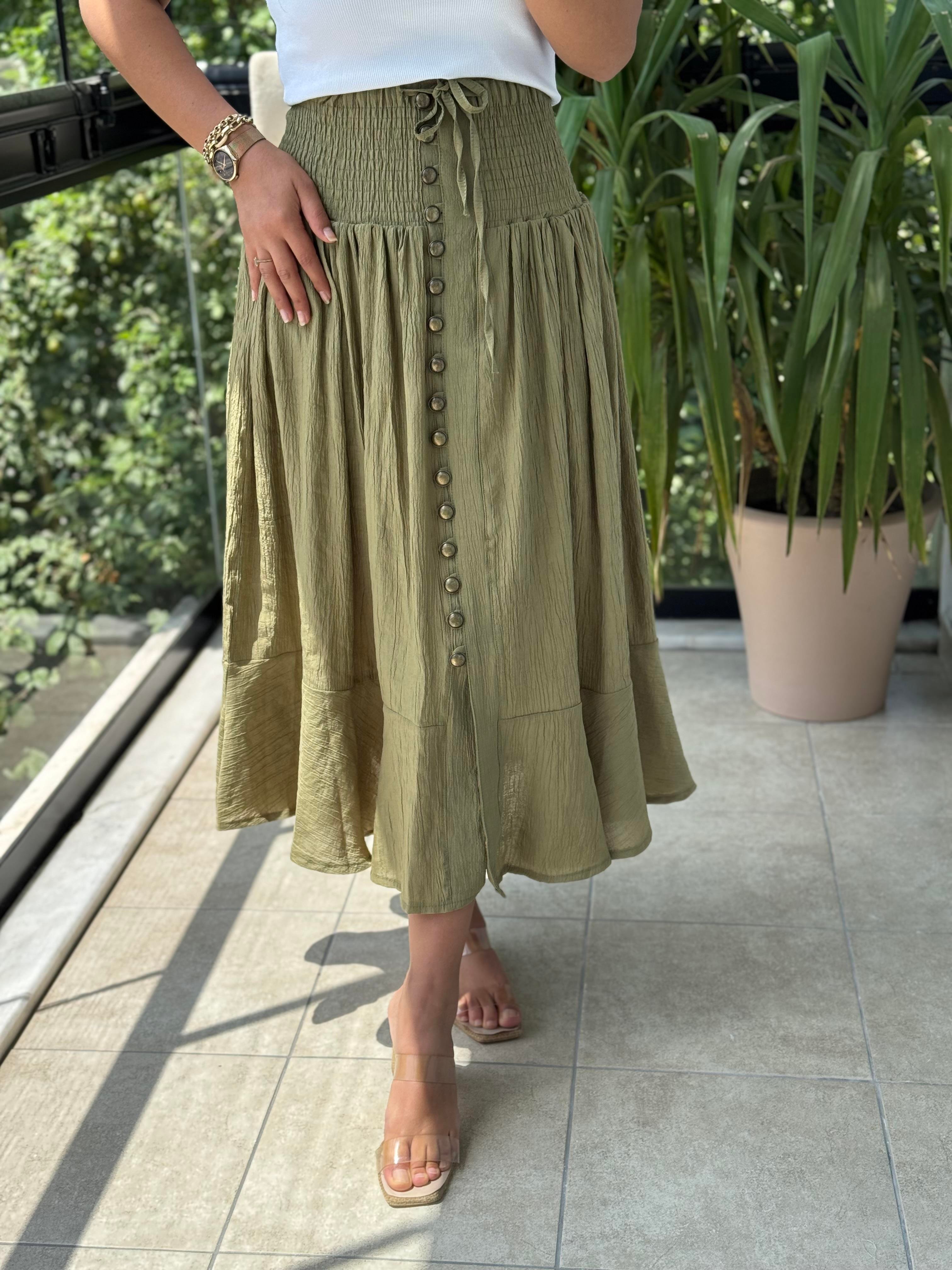 Bel Detaylı Düğmeli Etek Haki Yeşili