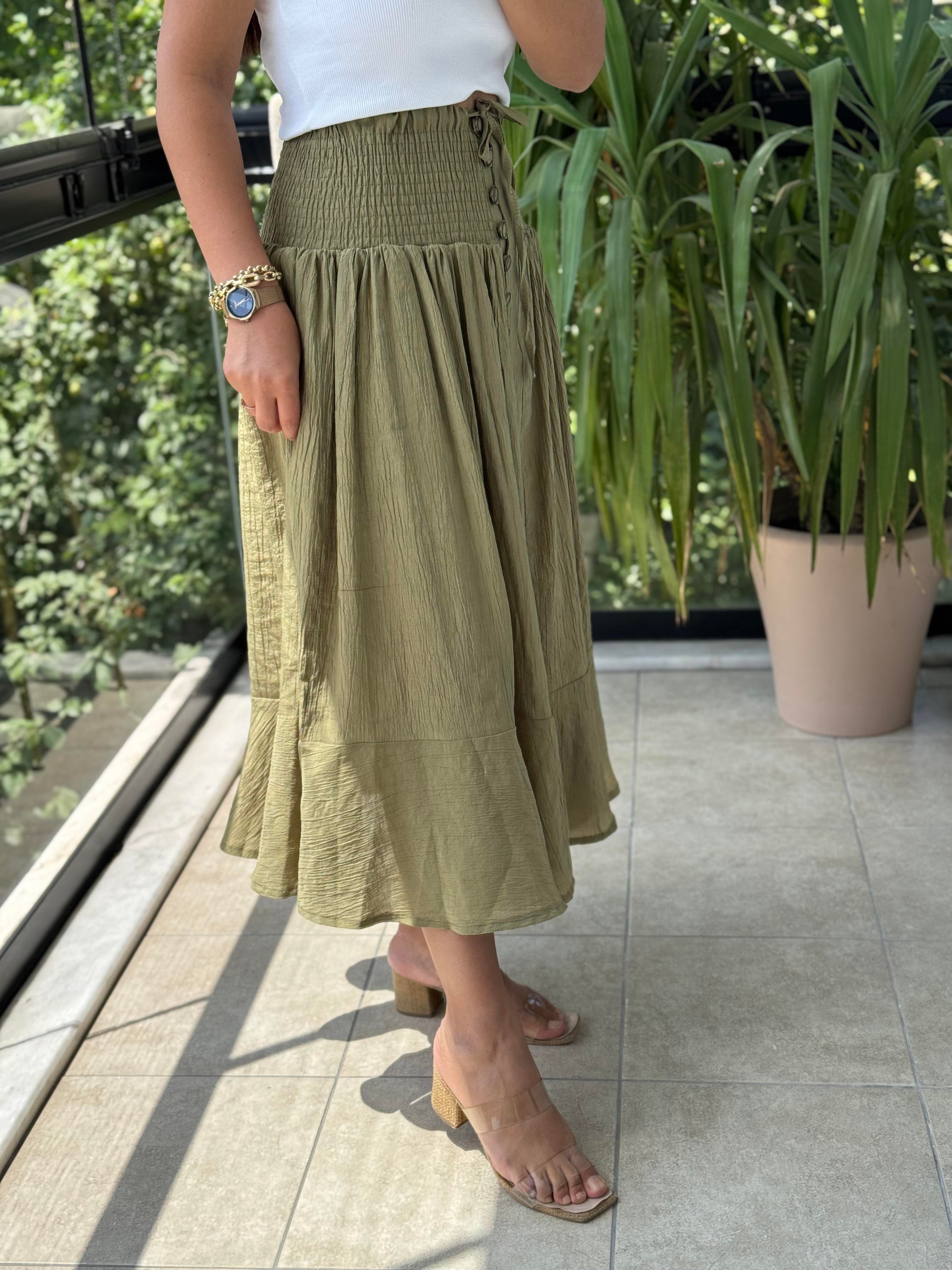 Bel Detaylı Düğmeli Etek Haki Yeşili