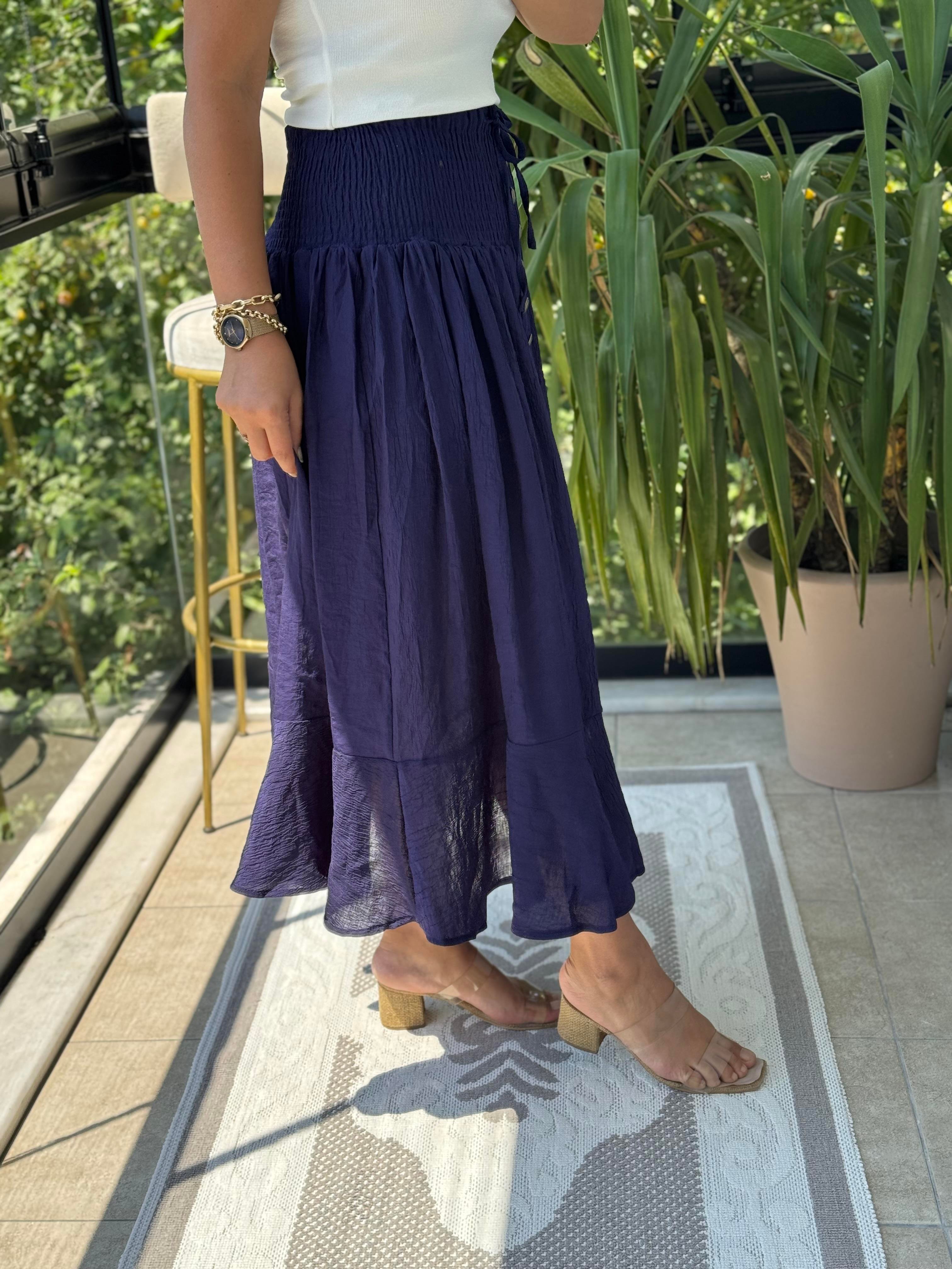 Bel Detaylı Düğmeli Etek Lacivert