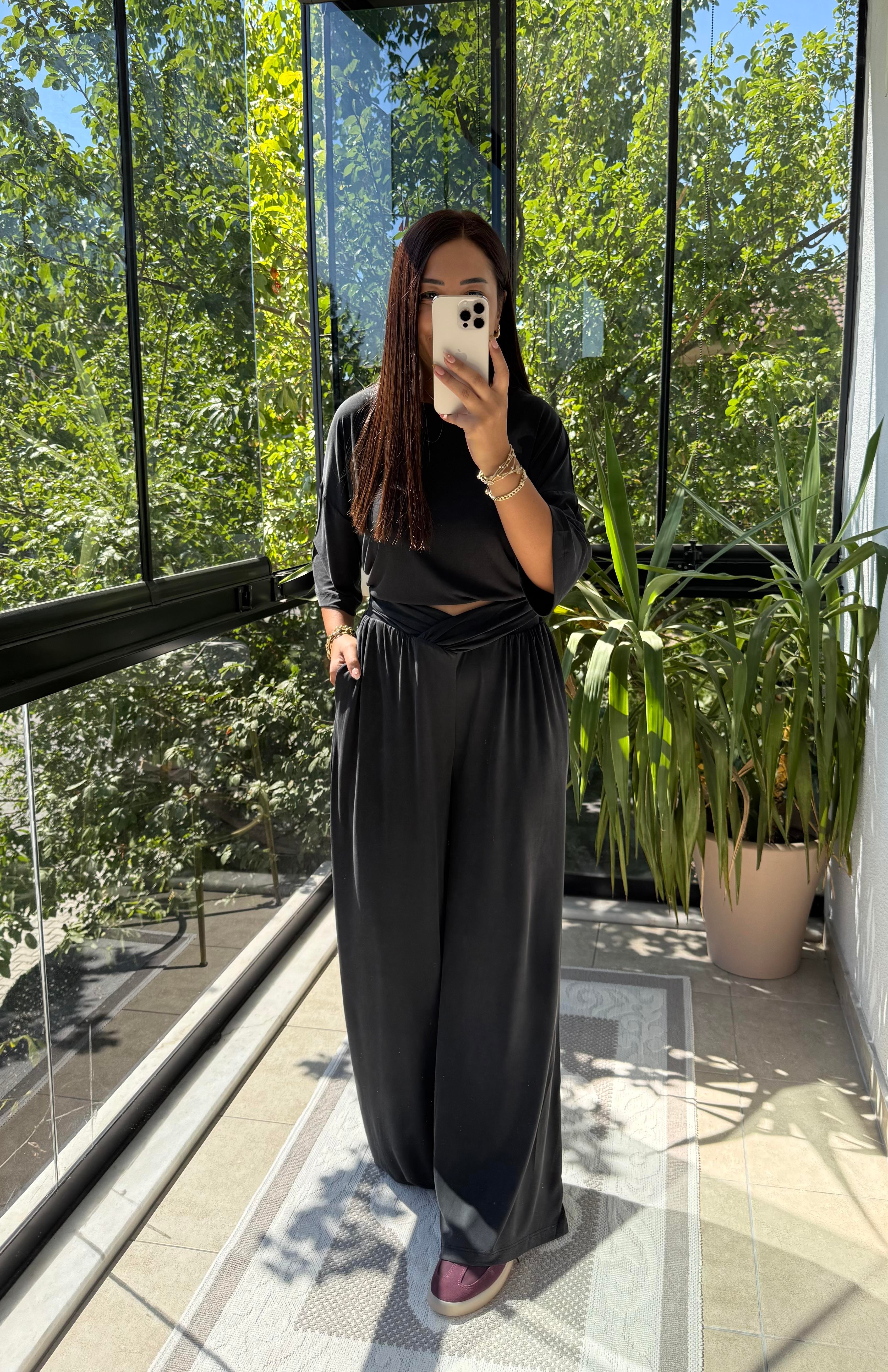 Bel Detaylı Oysh Kumaş Pantolon Siyah