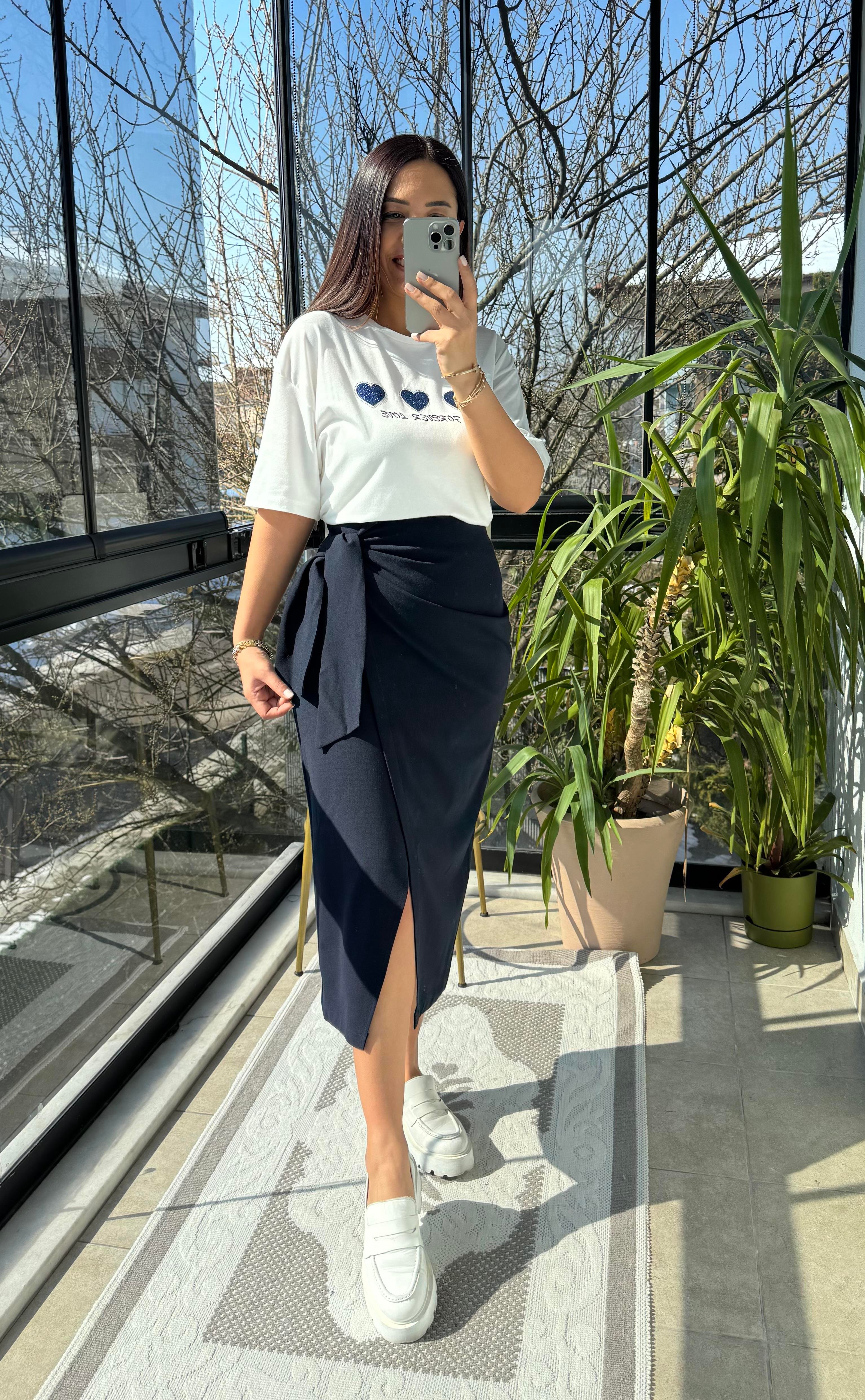 Beli Bağlamalı Etek lacivert