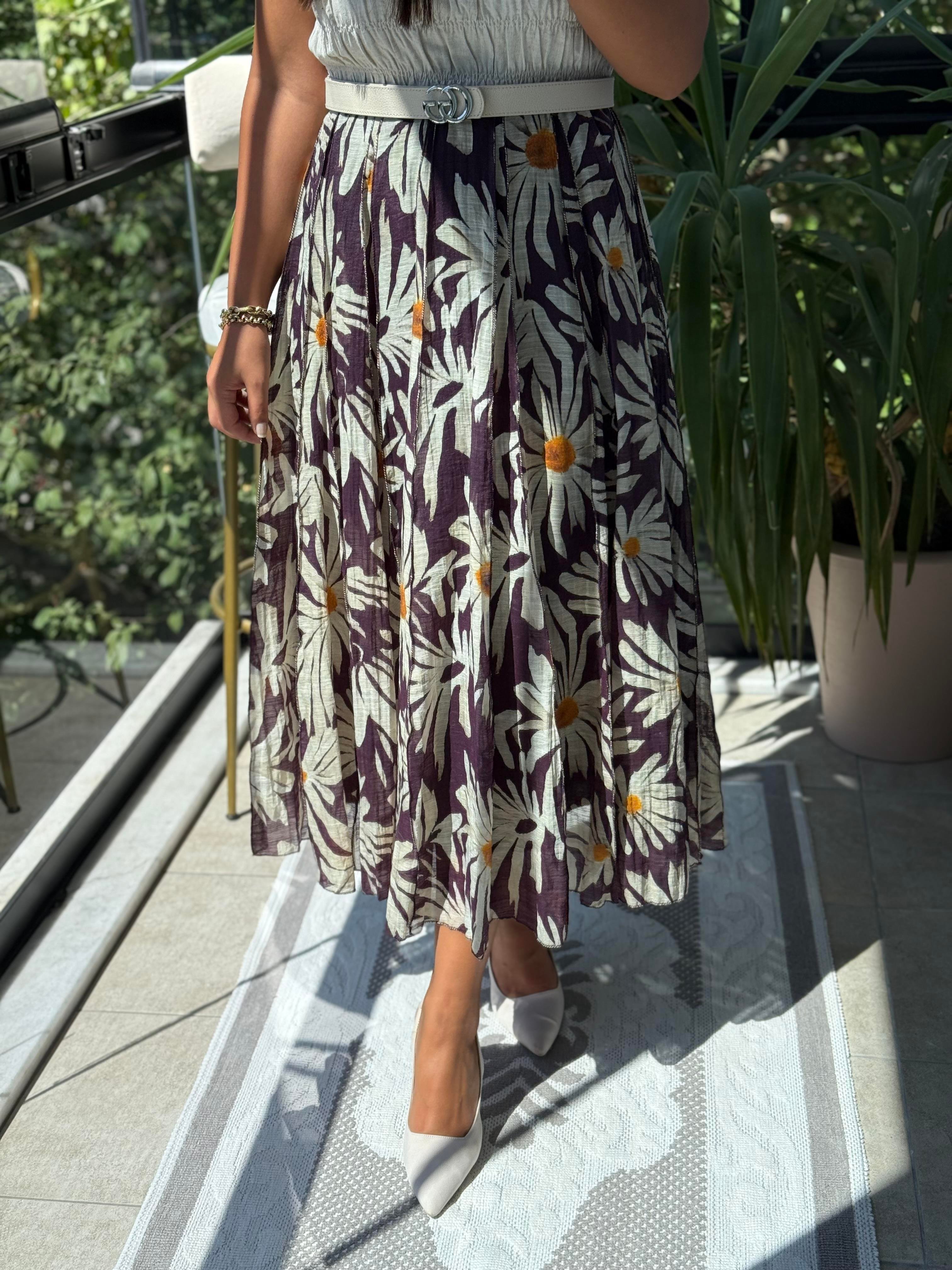 Beli Biye Detaylı Parçalı Desenli Etek Kahve