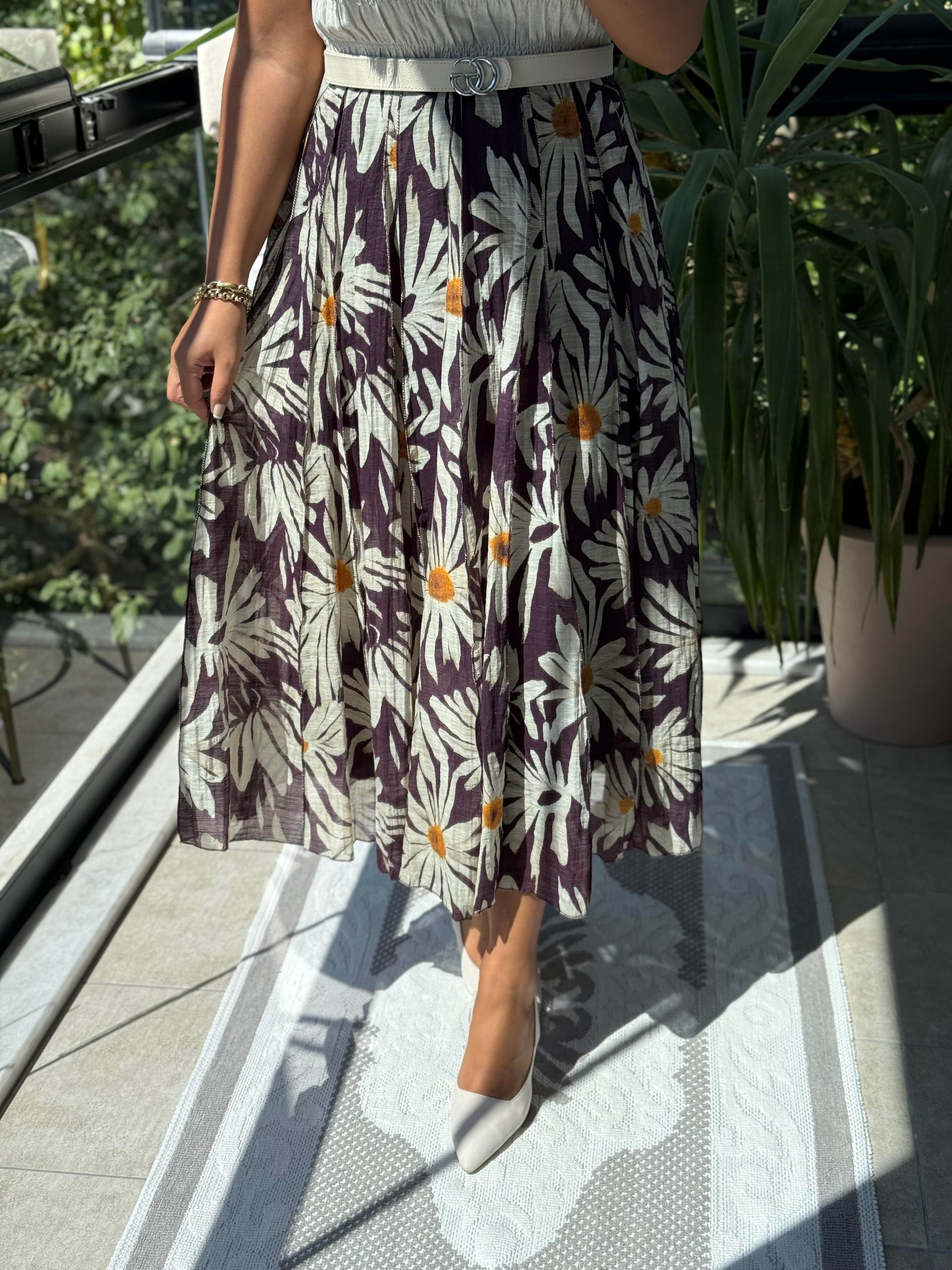 Beli Biye Detaylı Parçalı Desenli Etek Kahve