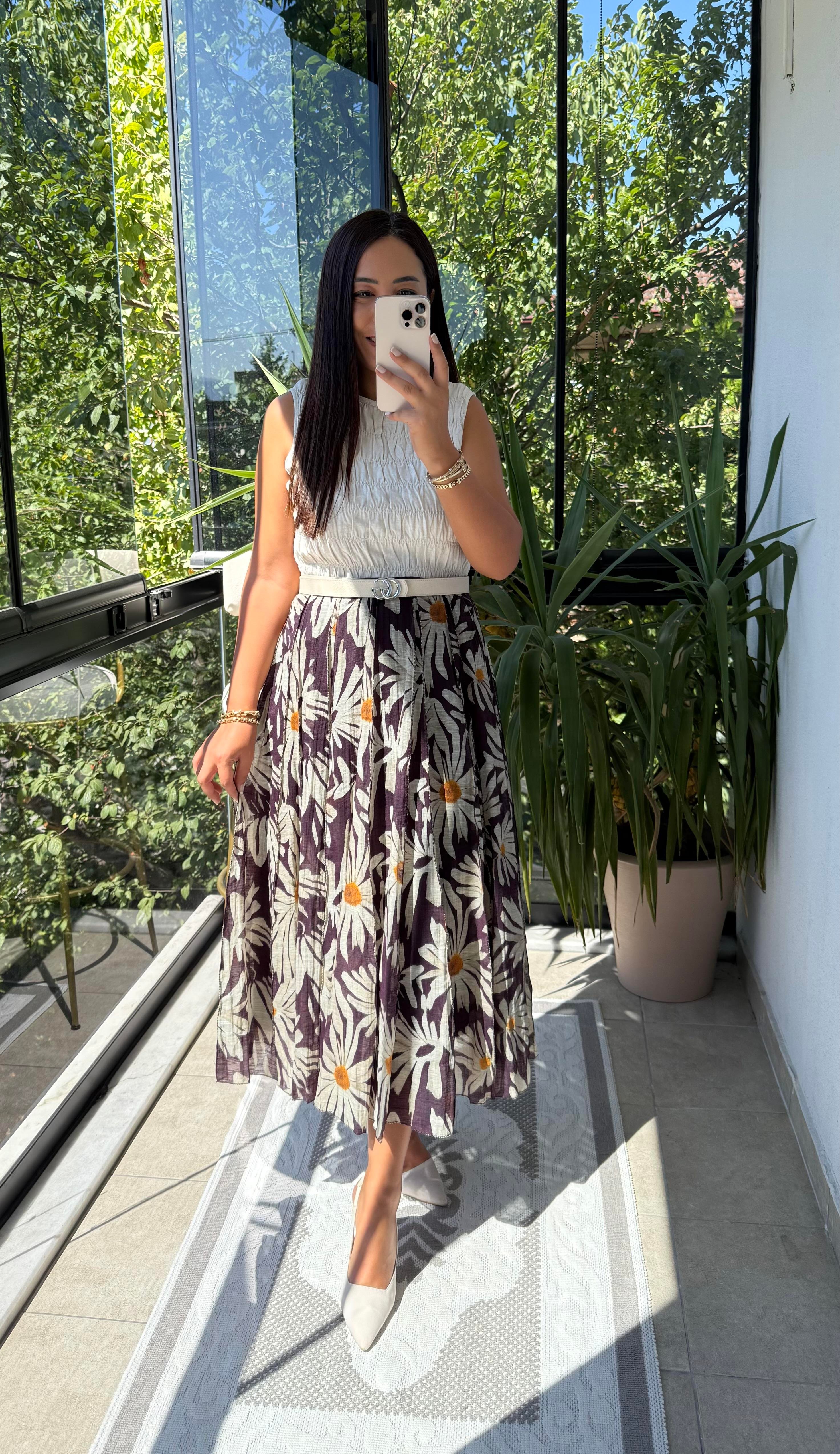 Beli Biye Detaylı Parçalı Desenli Etek Kahve