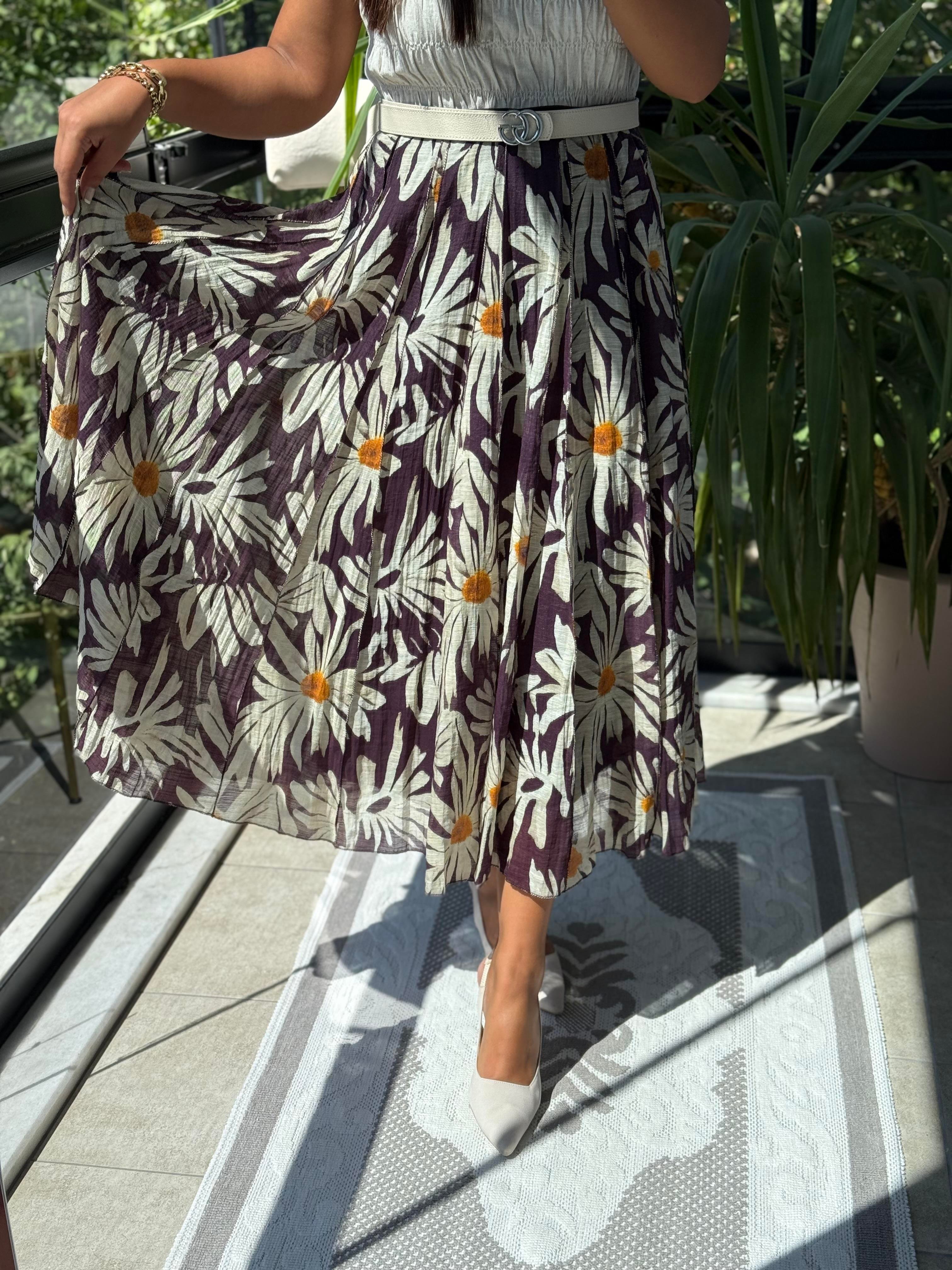 Beli Biye Detaylı Parçalı Desenli Etek Kahve