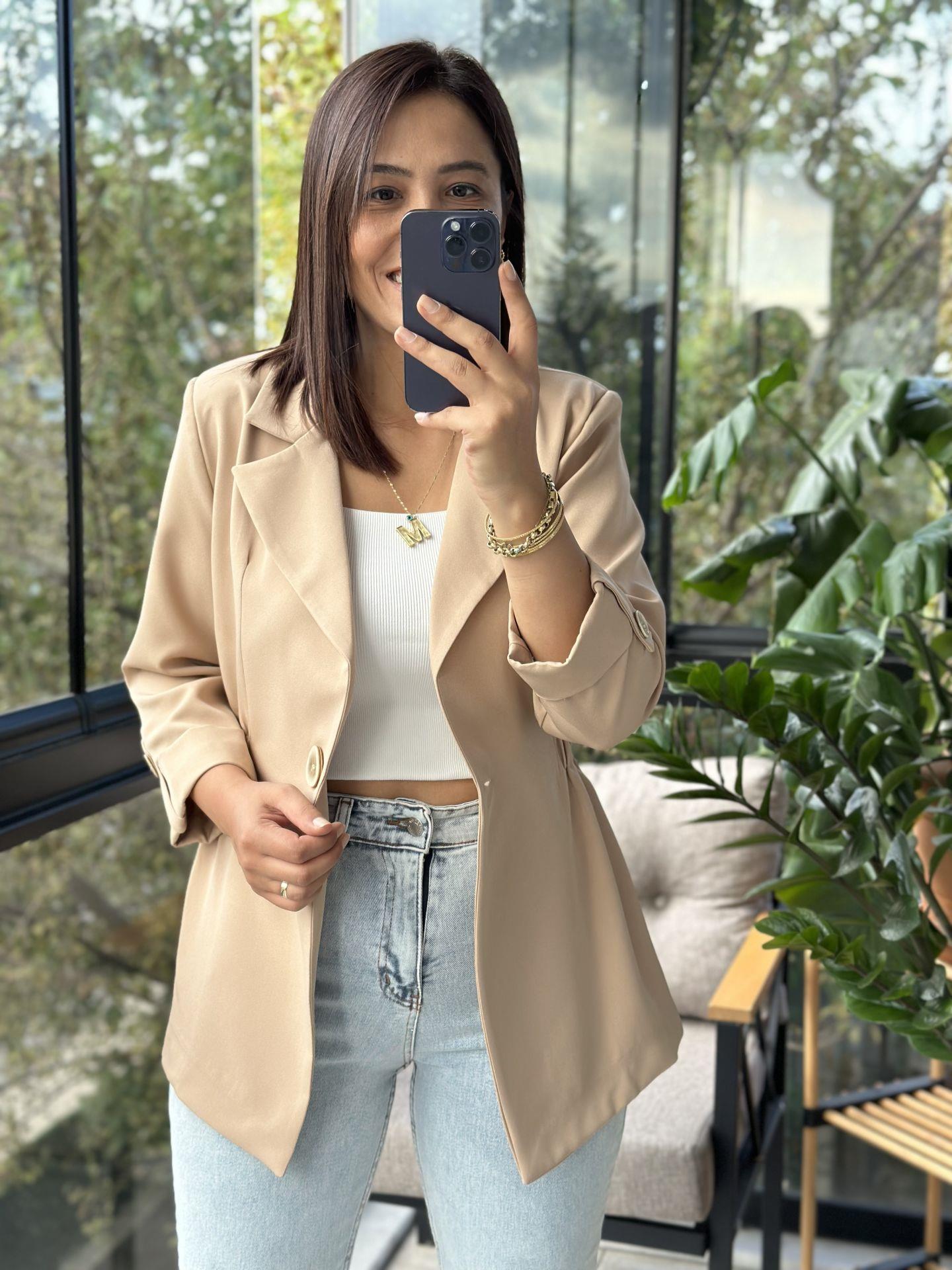 Beli Büzgülü Blazer Ceket Bej