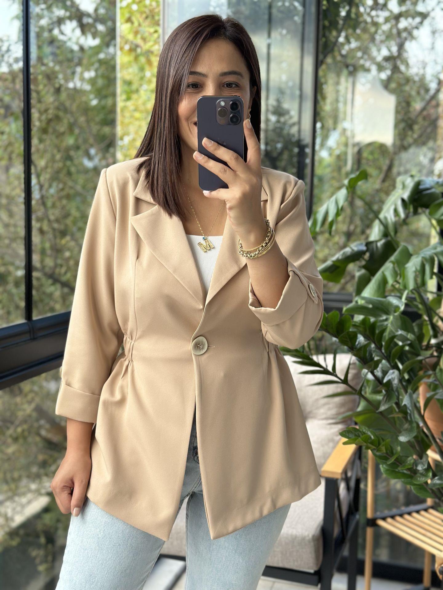 Beli Büzgülü Blazer Ceket Bej