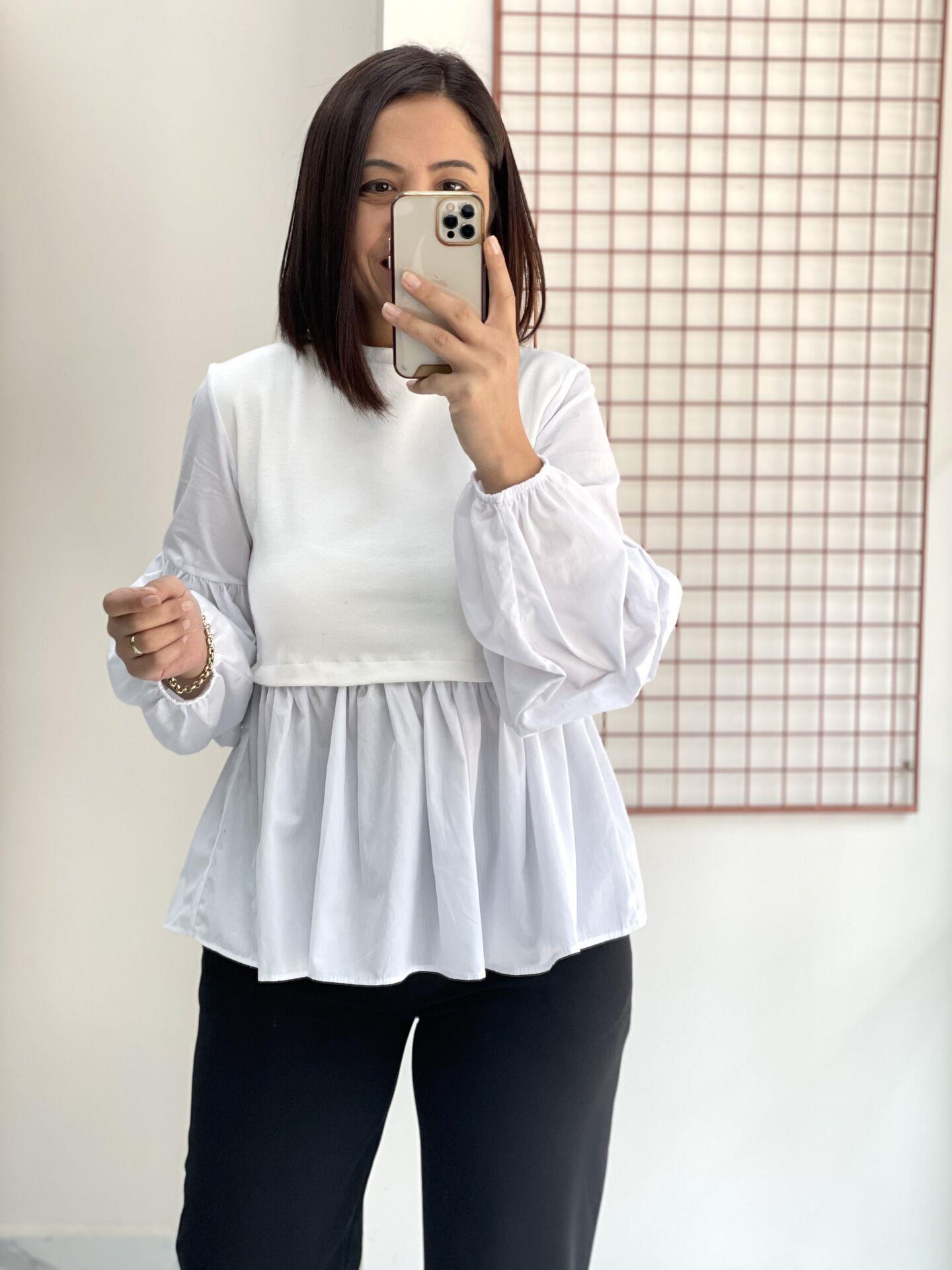 Beyaz Kol Detaylı Poplin Kumaş Tasarım Sweatshirt