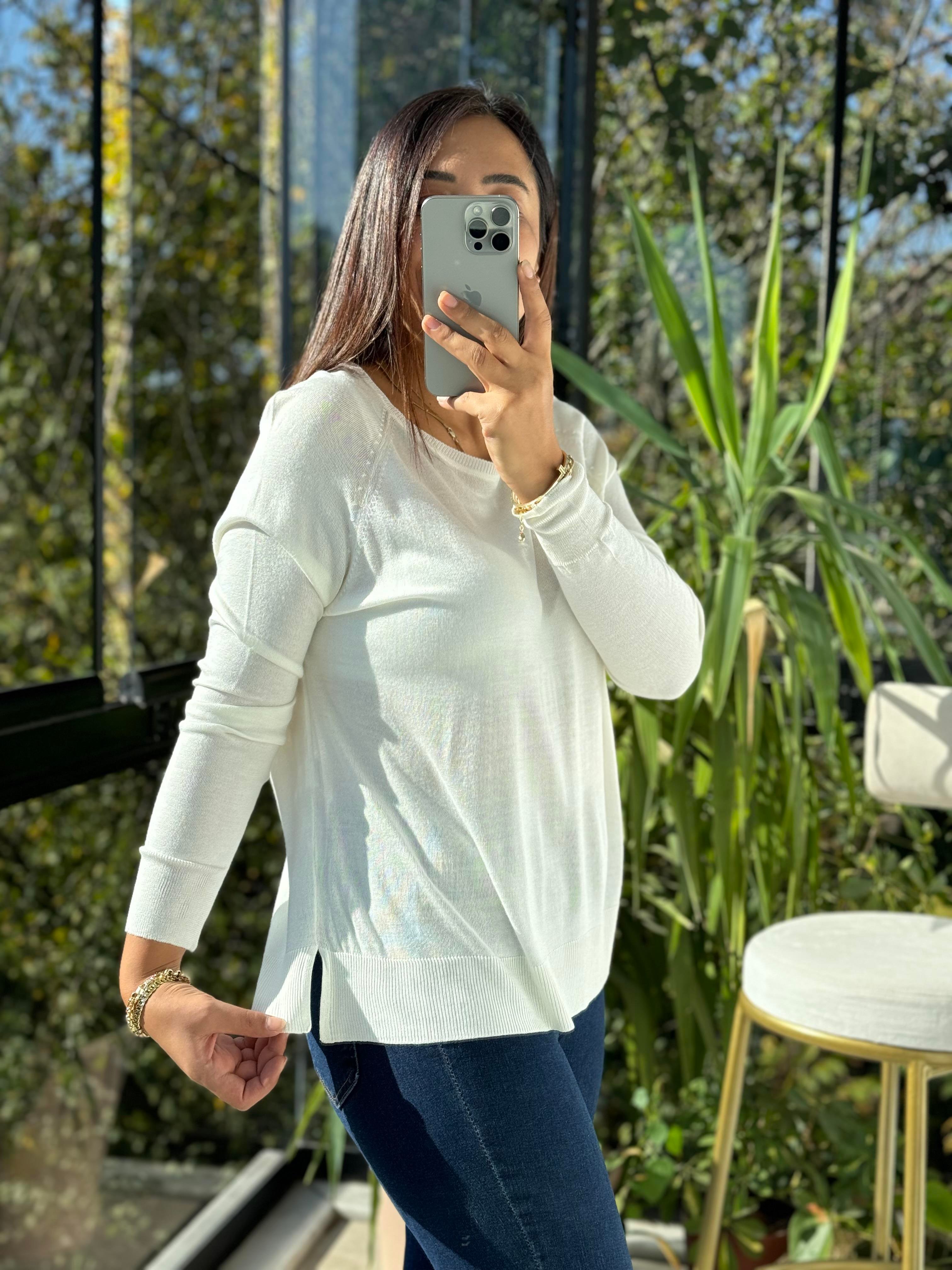 Bisiklet Yaka Basic İnce Triko Ekru